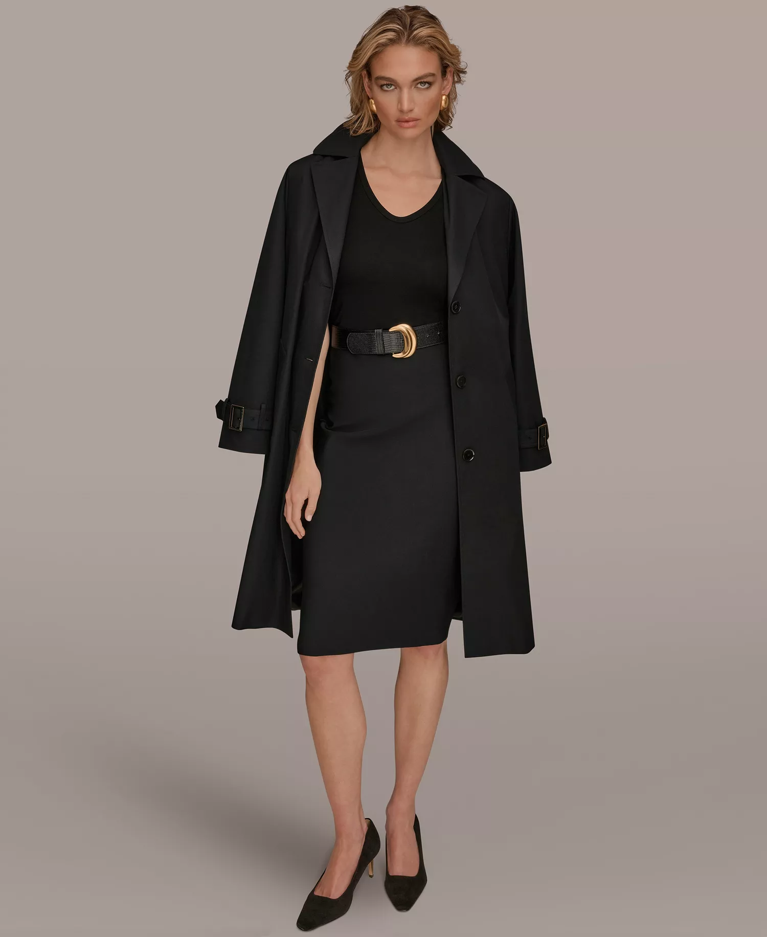 Women's Single Breasted Belted Trench Coat - Black - L