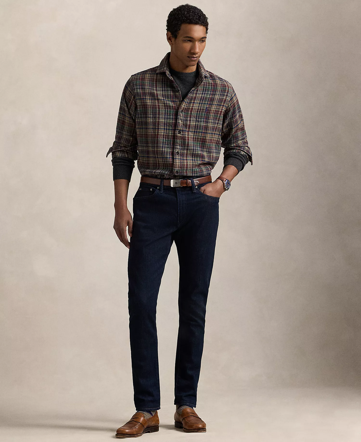 Men's Classic-Fit Plaid Brushed Flannel Shirt - Pine Navy Multi - S