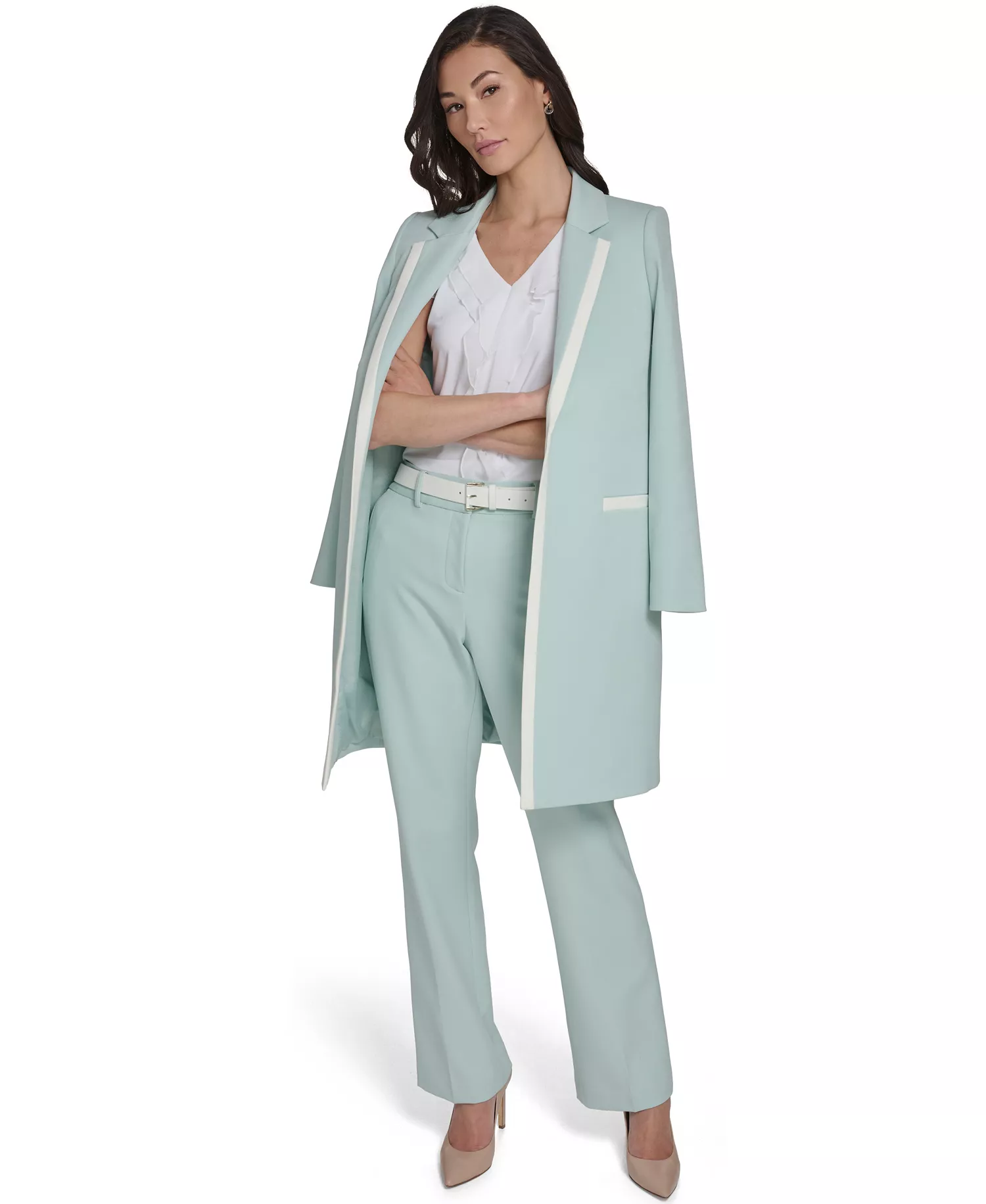 Women's Notch Collar Framed Topper Jacket and Solid Belted Bootcut Trousers - Harbor Gray/Ivory - 0