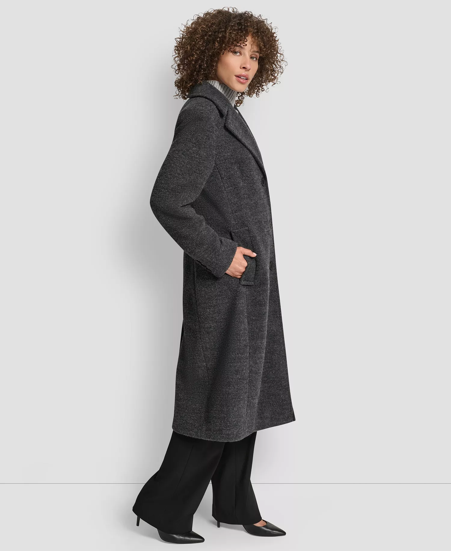Women's Maxi Boucle Notch Collar Coat - Charcoal - S