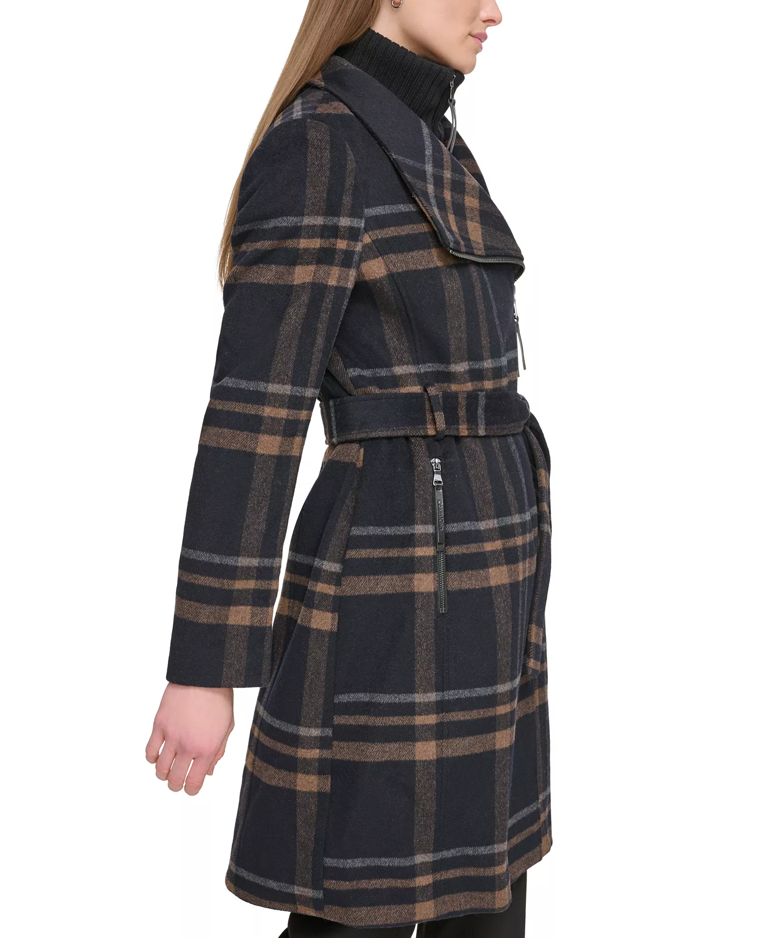Womens Wool Blend Belted Wrap Coat, Created for Macys - Black Plaid - M