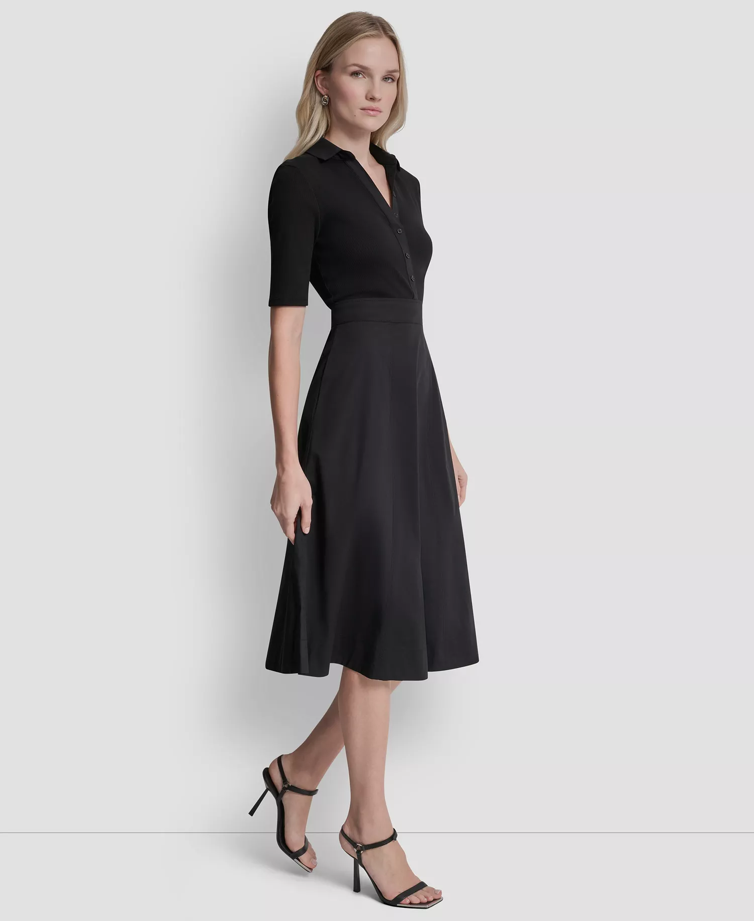 Women's A-Line Polo Collar Midi Dress - Black - 10