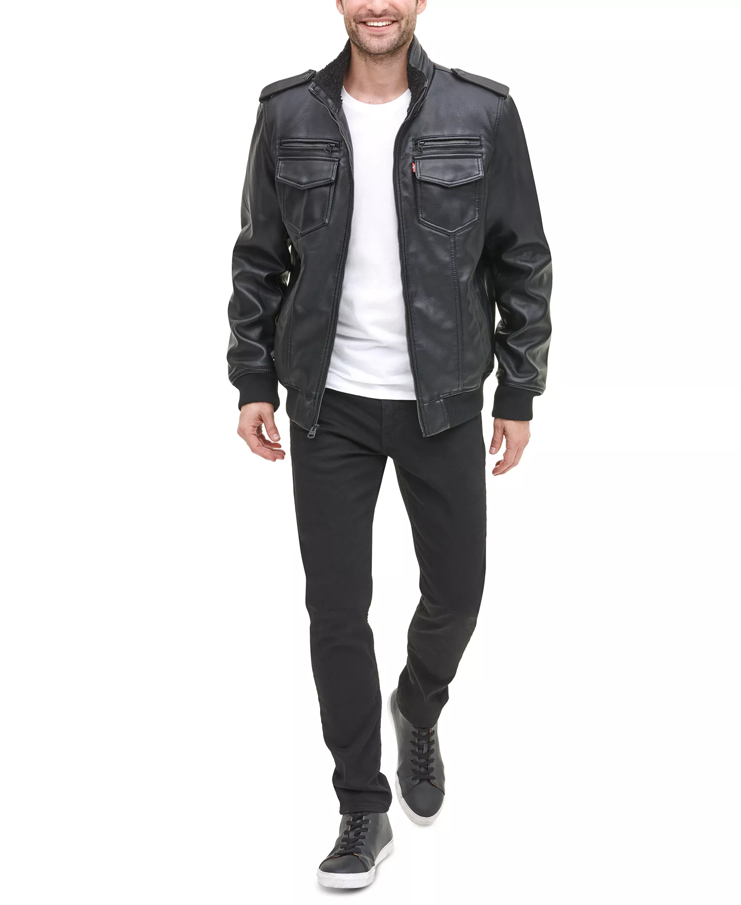 Men's Sherpa Lined Faux Leather Aviator Bomber - Black - 2XL