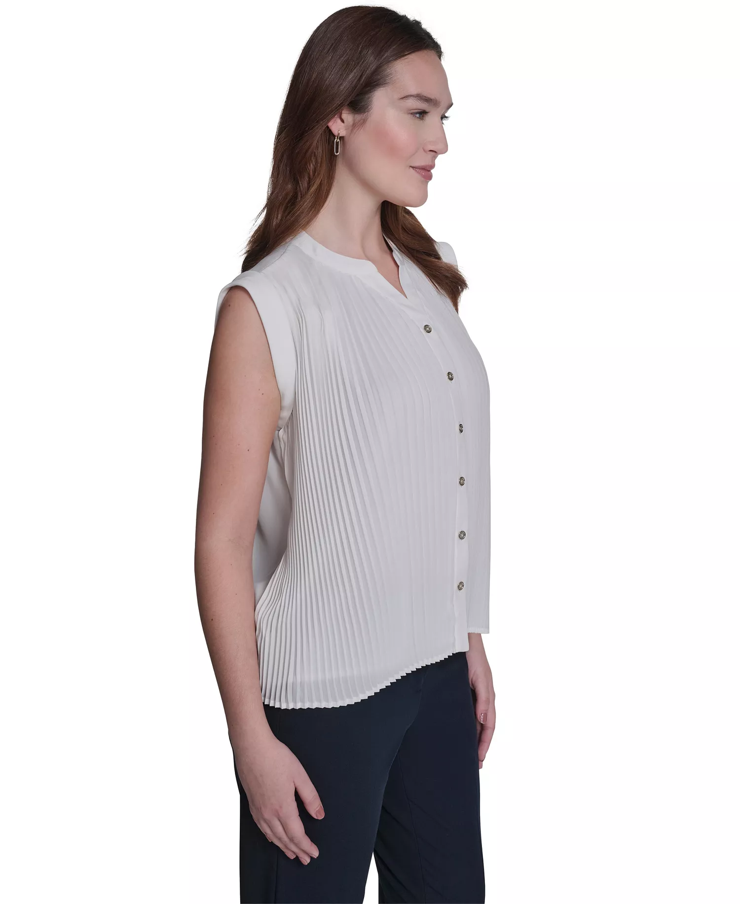 Women's V-Neck Pleated Blouse - Ivory - L