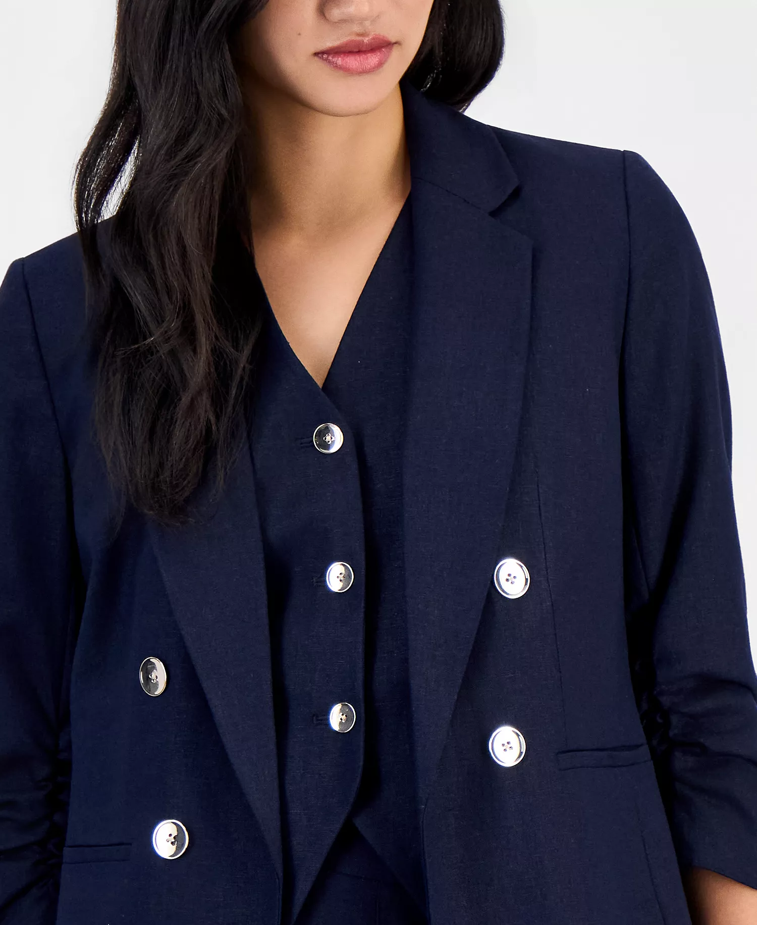 Women's Ruched-Sleeve Open-Front Linen Blazer, Exclusively at Macy's - Bar Navy - 2XL
