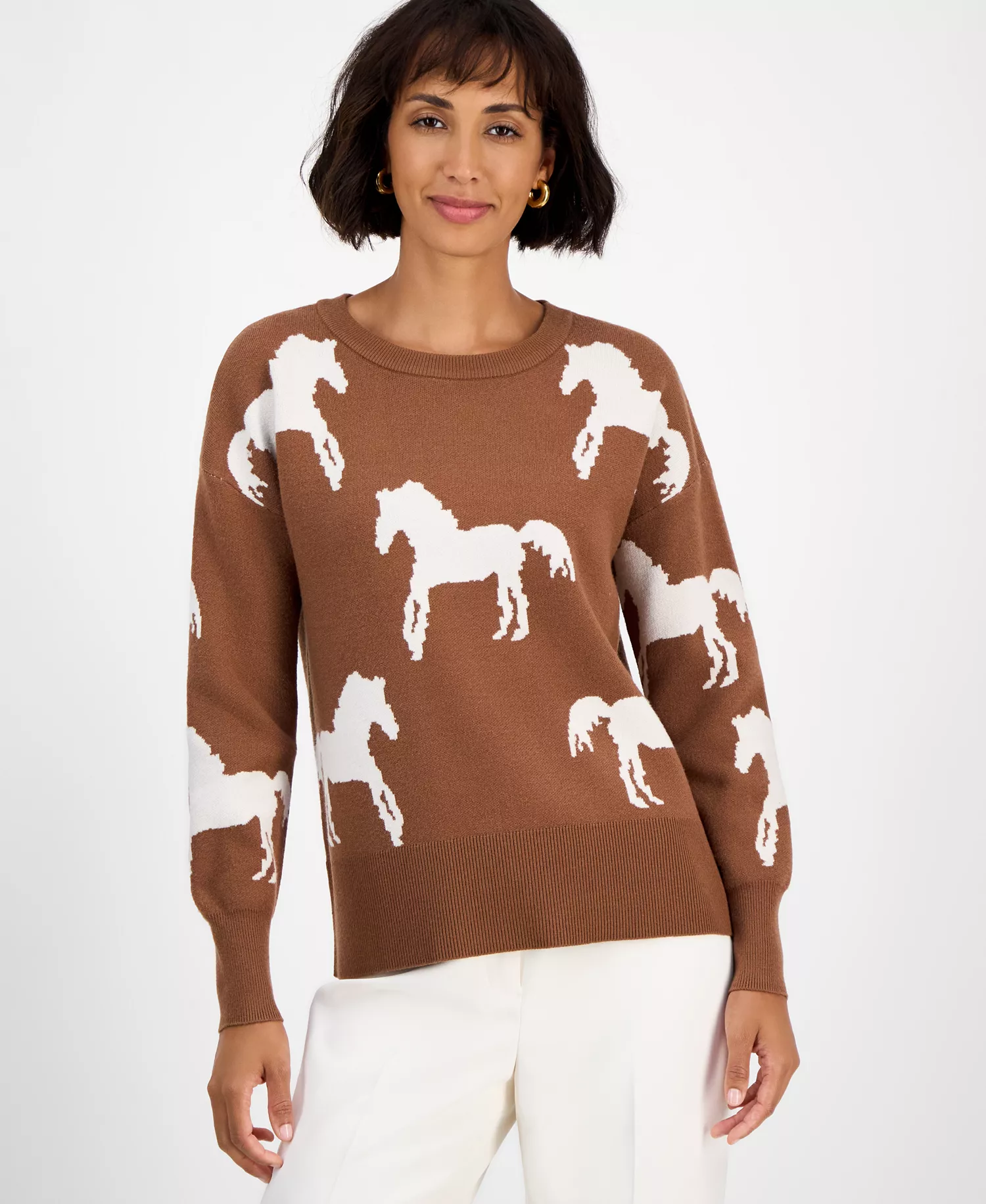Women's Horse-Print Crewneck Long-Sleeve Sweater  - Sherwood Camel - S