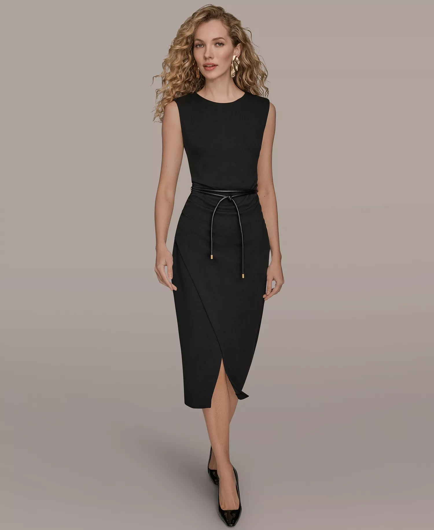 Women's Jewel-Neck Faux-Wrap Dress - Black - 10