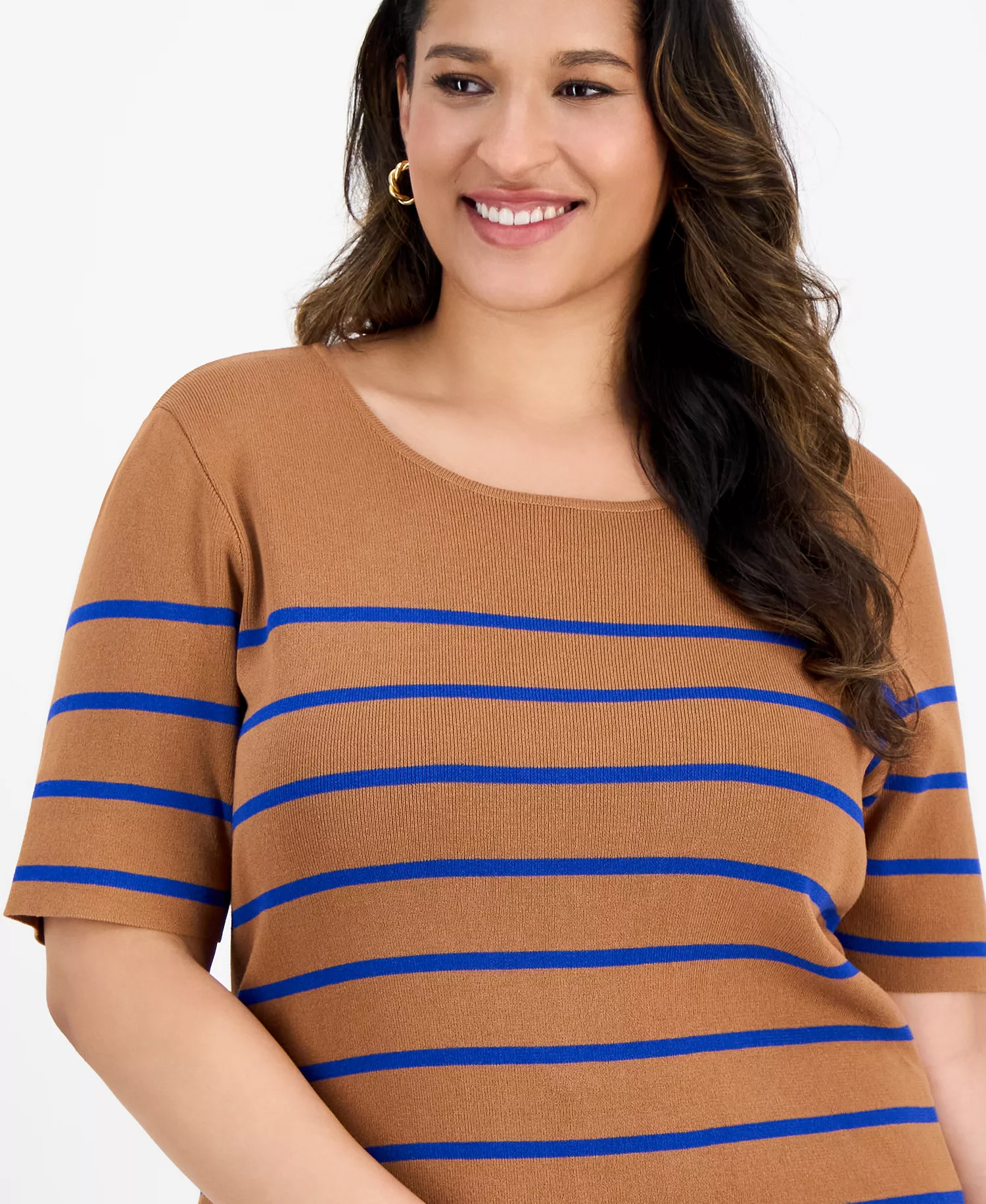 Plus Size Striped Short-Sleeve Top - Camel New Royal - 1X