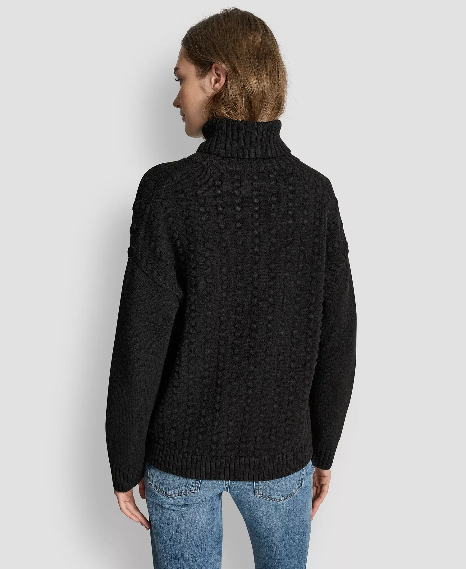 Women's Turtle Neck Bobble Stitch Long Sleeve Sweater - Black - L