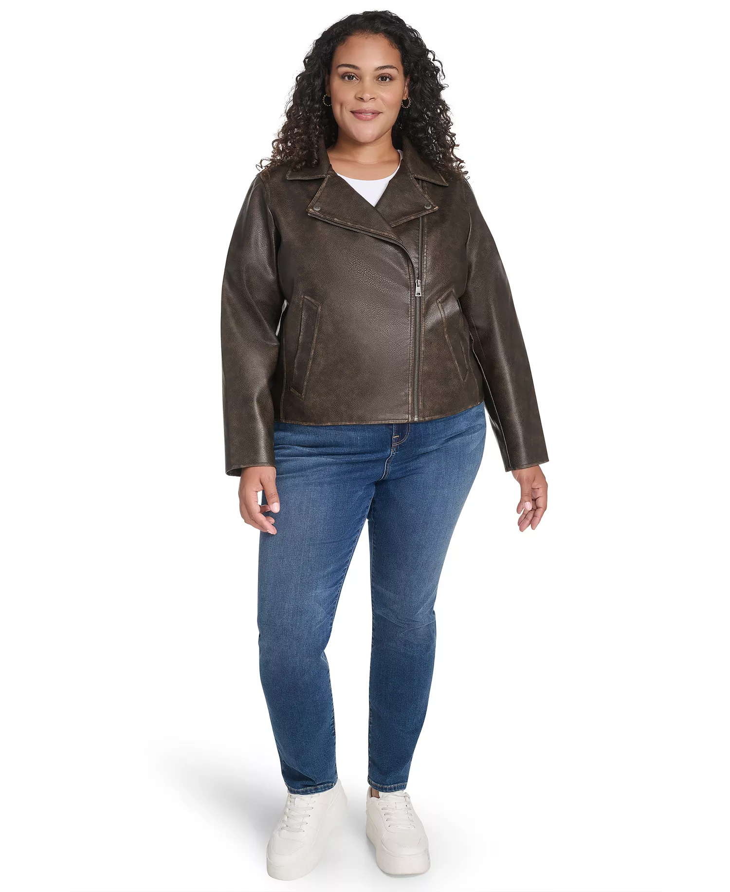 Plus Size Long Sleeve Moto Jacket - Brown - 1X