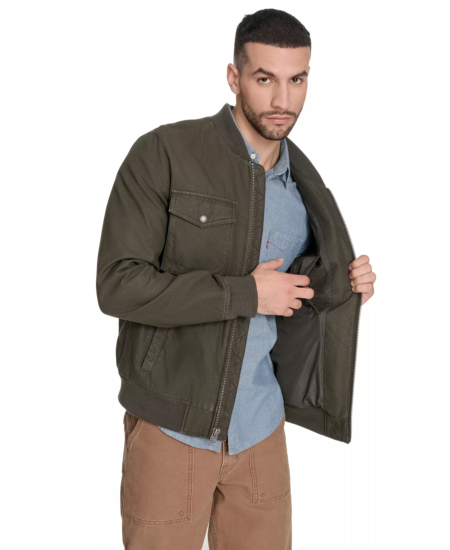Men's Cotton Military Bomber Jacket - Light Olive - 2XL