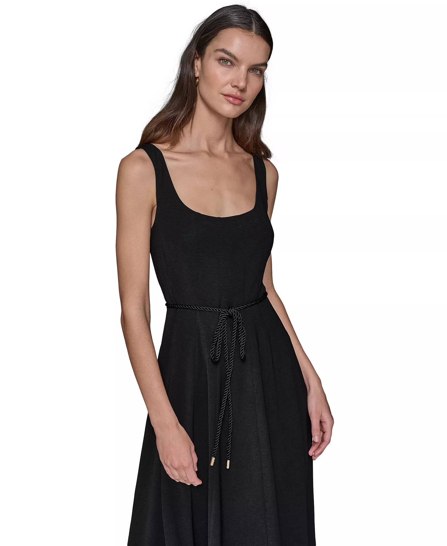 Women's Scoop-Neck Belted Sleeveless Midi Dress - Black - 0