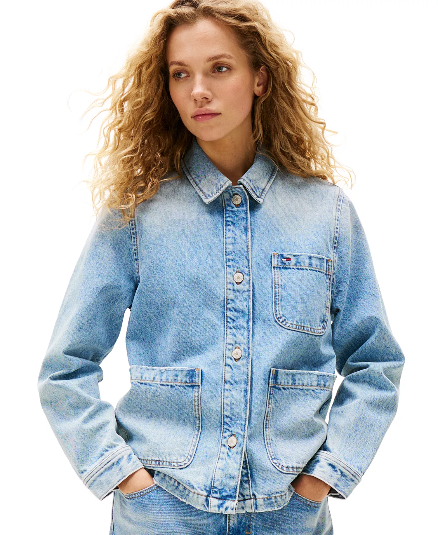 Women's Cotton Faded-Denim Trucker Jacket - Denim Mid Light Blue - XS