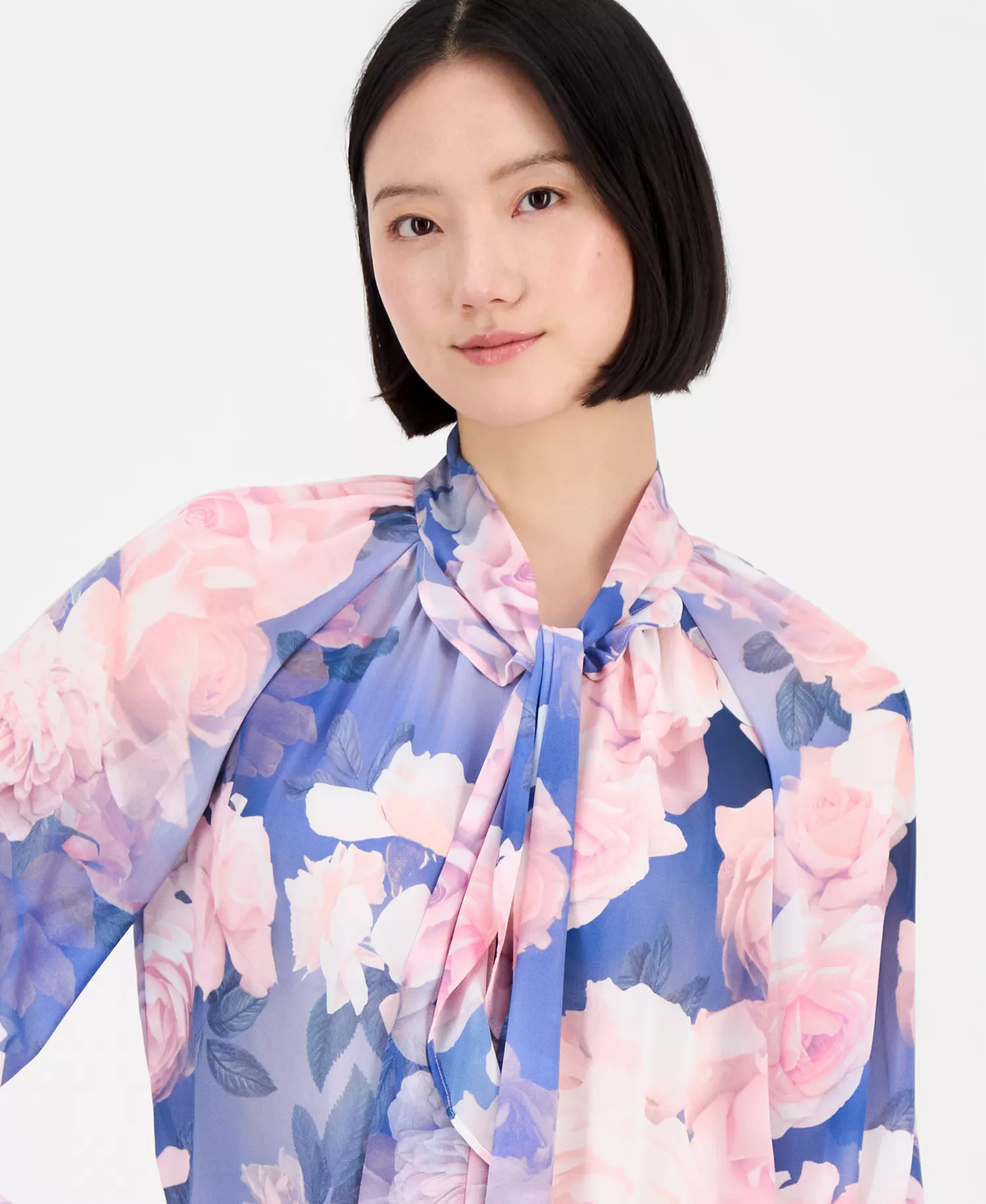 Petite Printed Ruffle Tie Blouse - Blue Petal - P/L