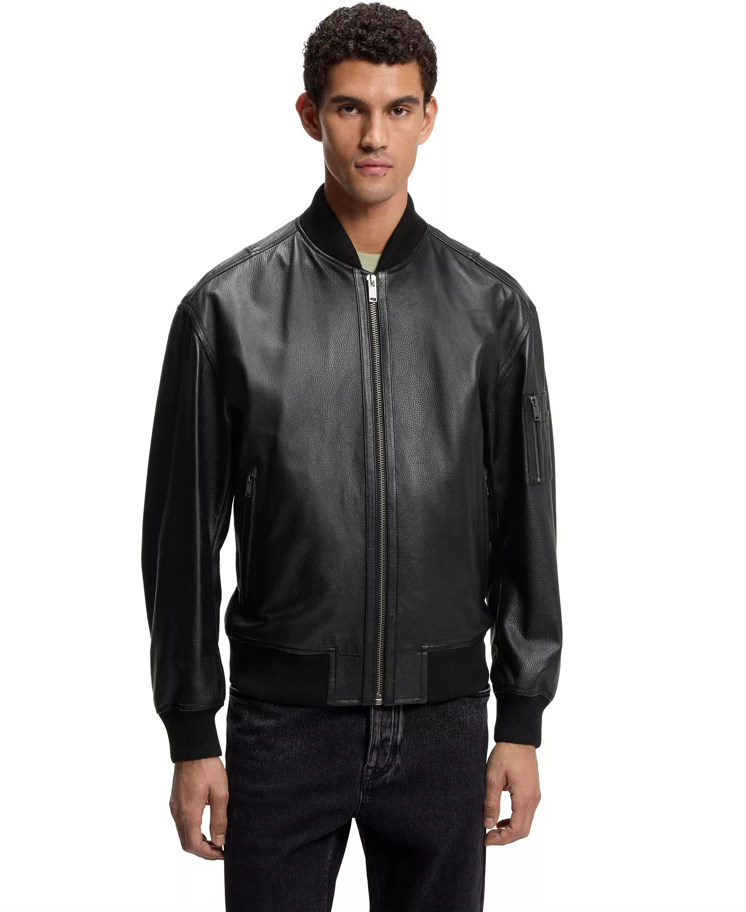 Men's Leather Bomber Jacket - Black - 36R