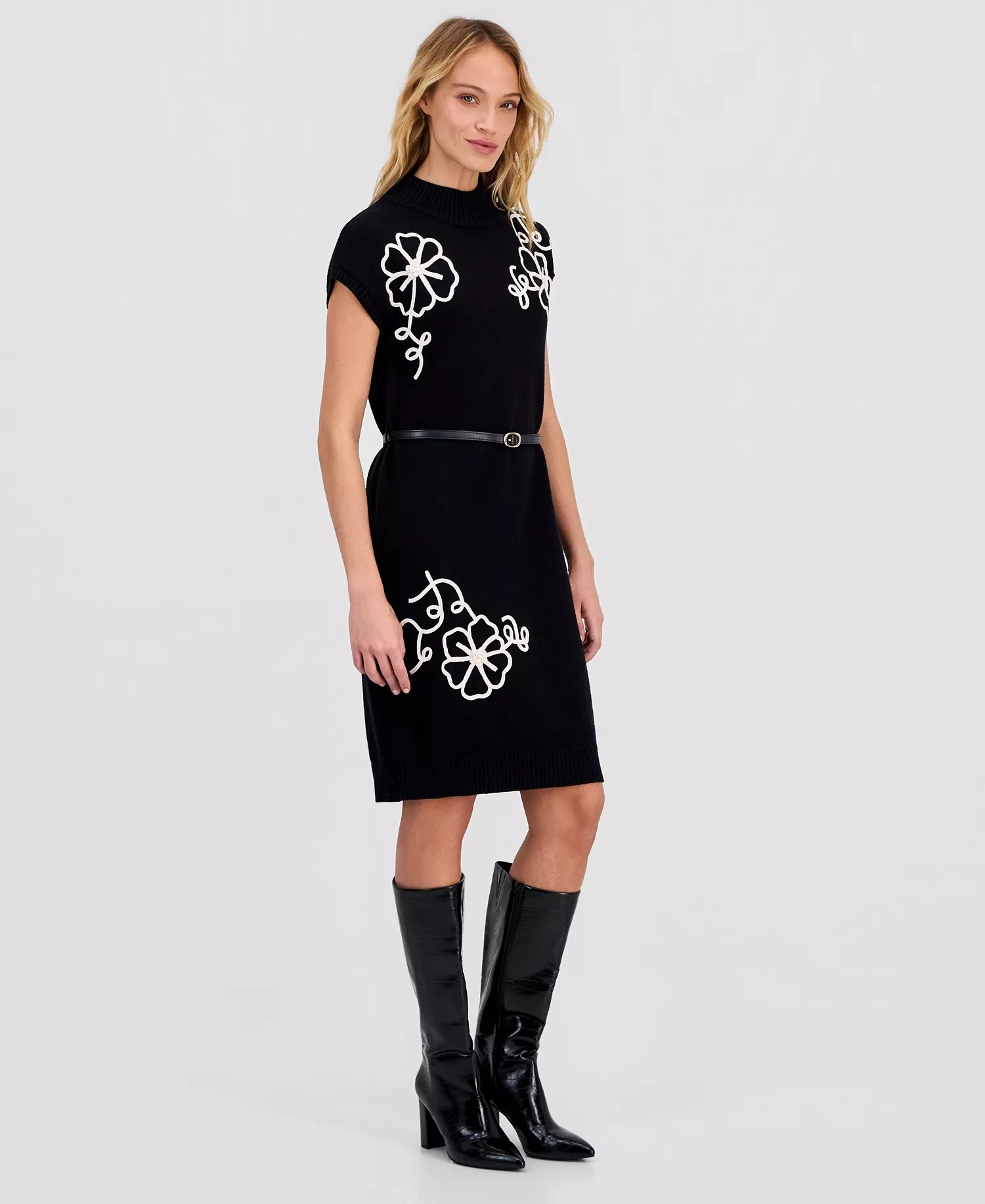 Women's Floral-Embroidered Sweater Dress - Black - L
