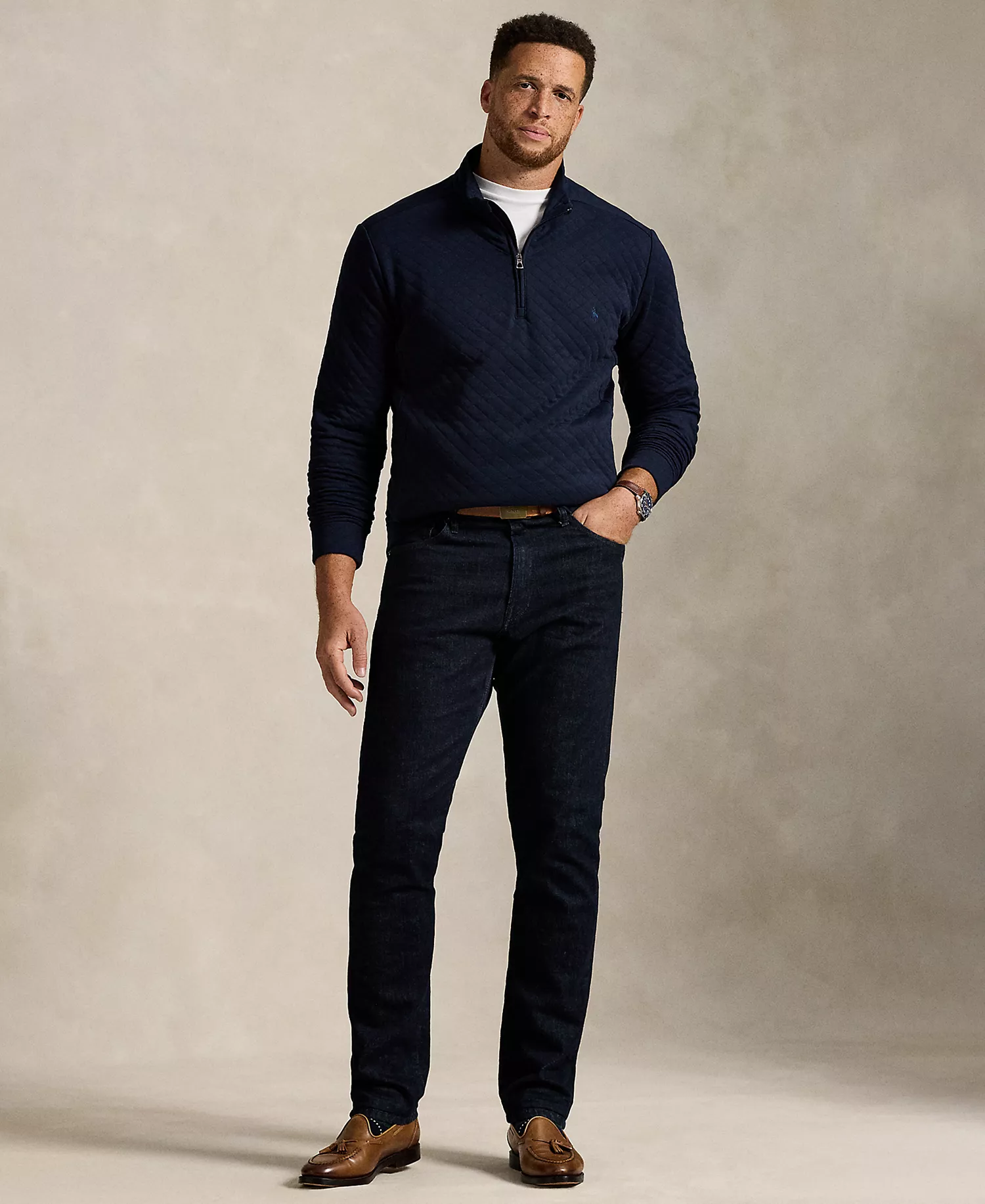 Men's B&T Long Sleeve Quilted Double-Knit Jersey Pull-On Sweater - Aviator Navy - 2LT