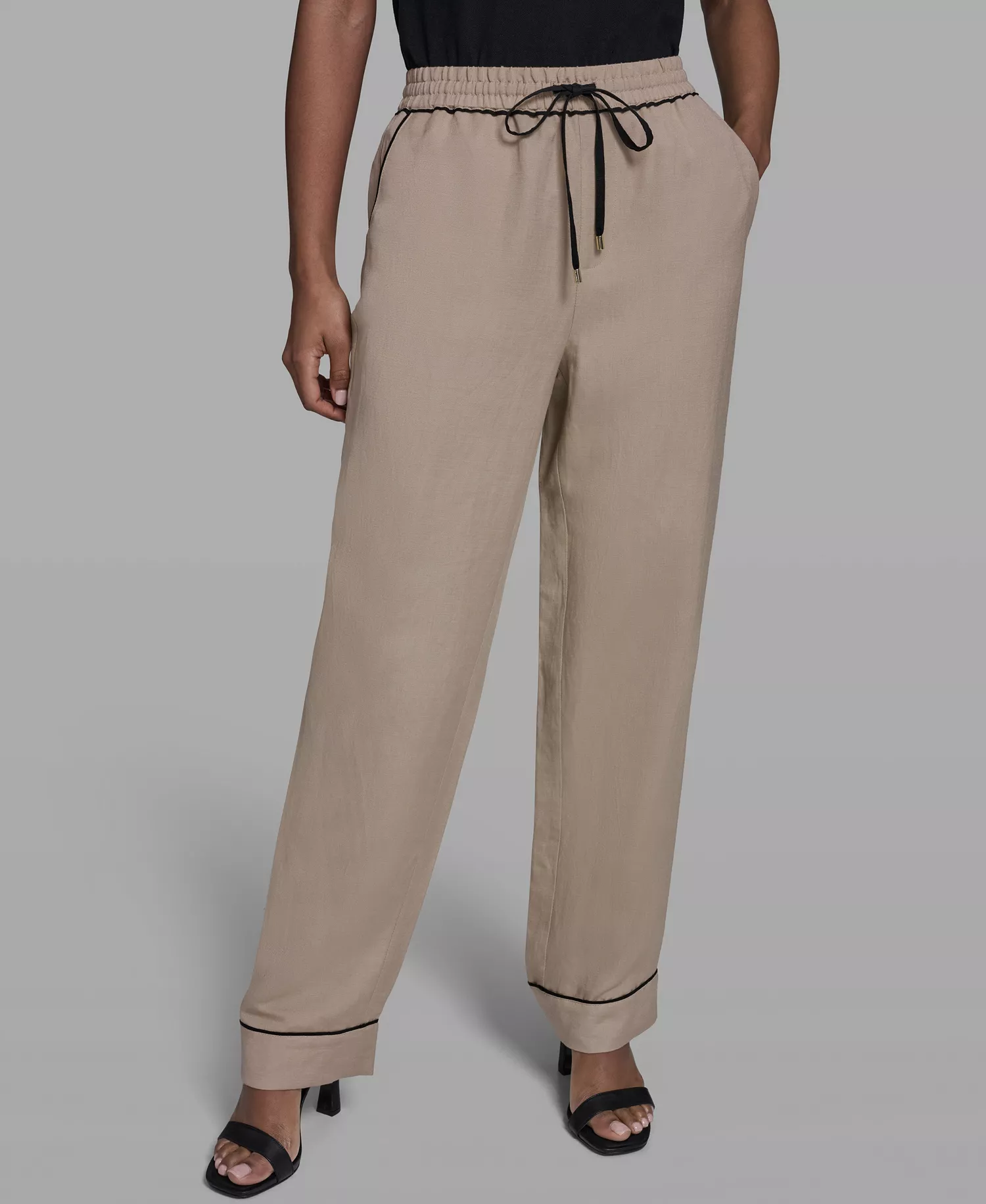 Women's Mid-Rise Contrast Trim Drawstring Pull-On Linen-Blend Pants - French Beige - L