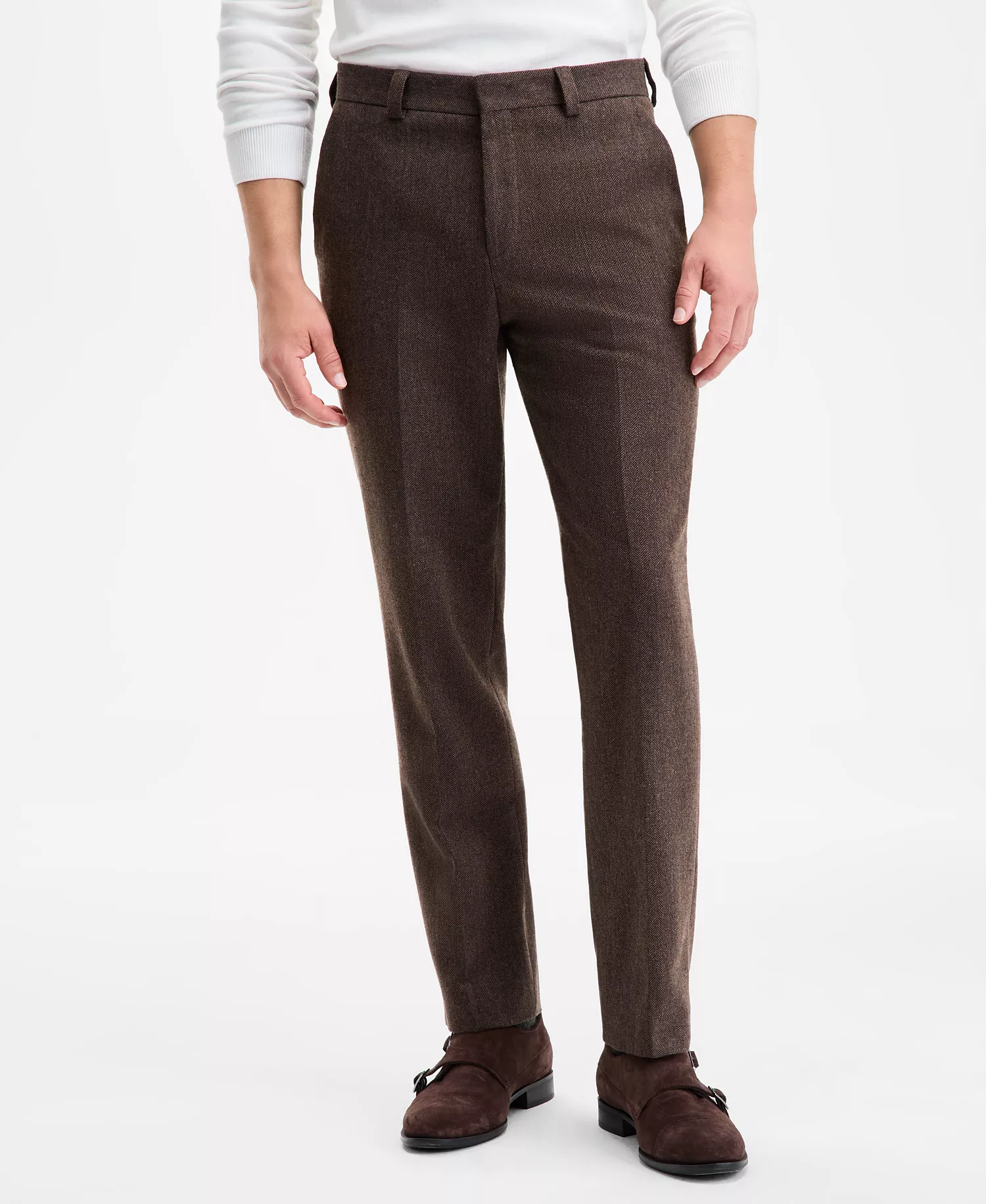 Men's Modern-Fit Herringbone Suit Pants - Brown - 30R