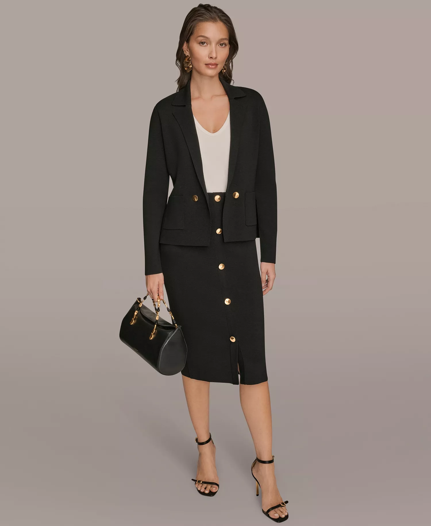 Women's Sweater Blazer & Skirt - Black - L