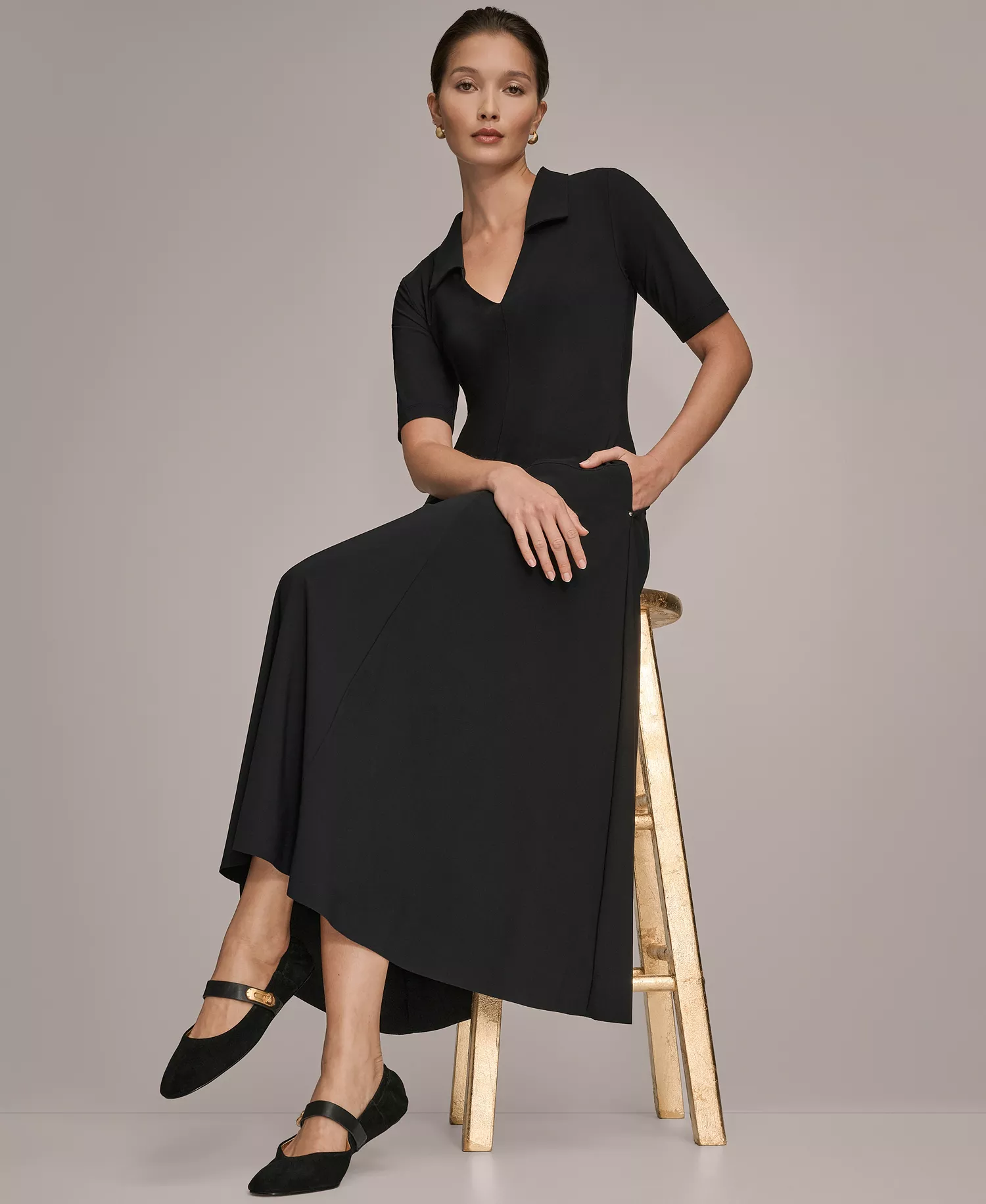 Women's Tricot Knit Elbow-Sleeve Polo Dress - Black - 10