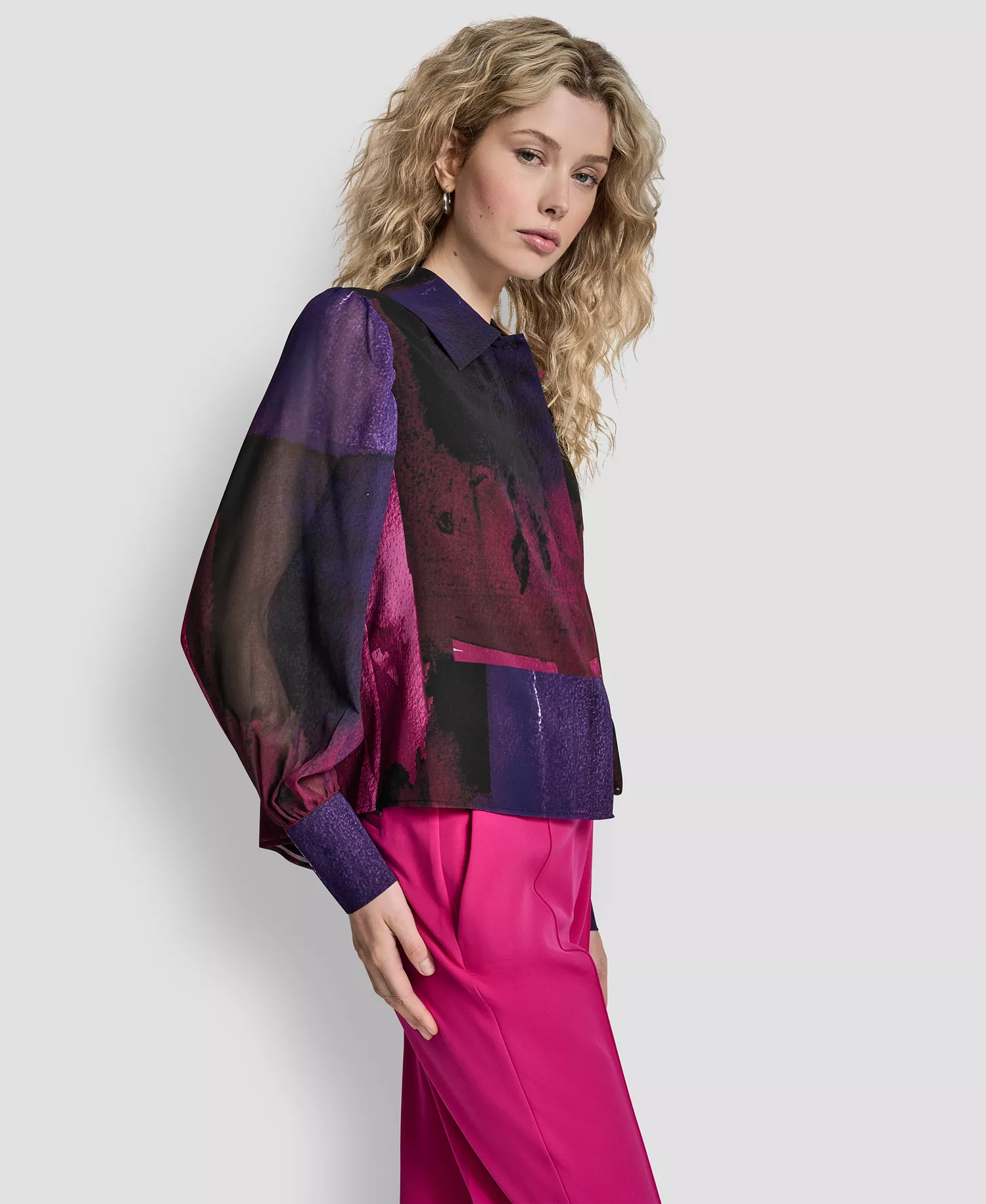 Women's Balloon Sleeve Collared Neck Top - Fuchsia/dk Violet Mlt - S