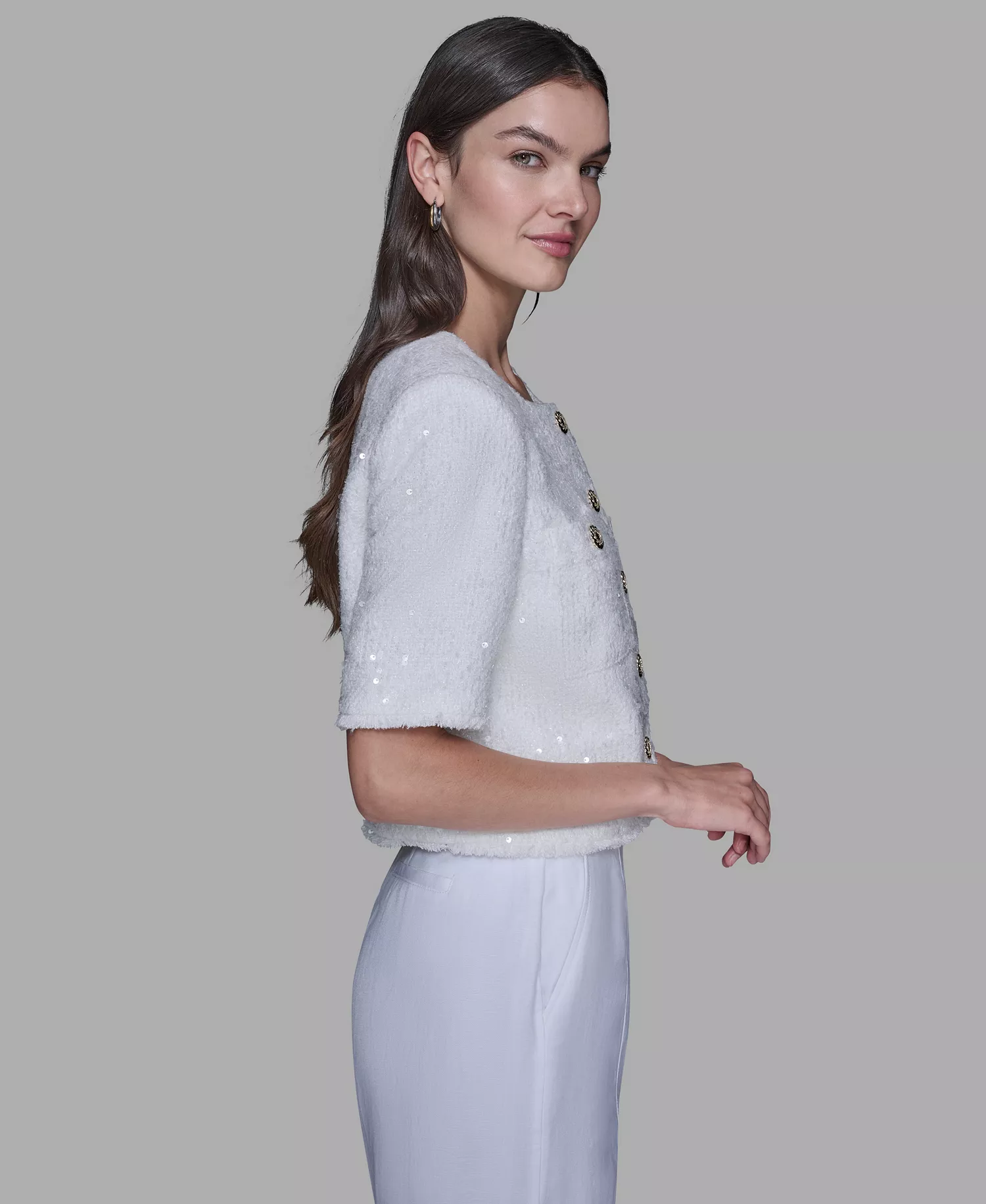 Women's Crew Neck Front Button Jacket - Soft White - 10