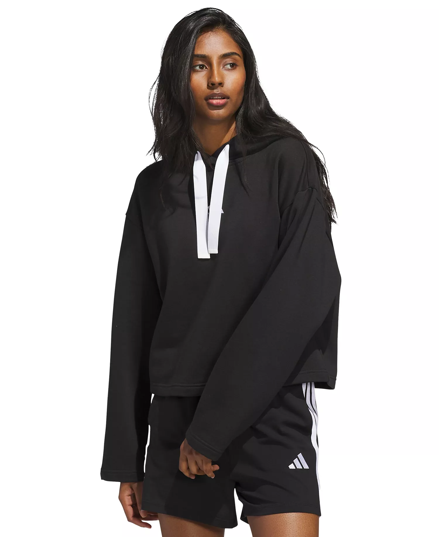 Women's Fleece 3-Stripes Loose-Fit Hoodie - Black/white - L