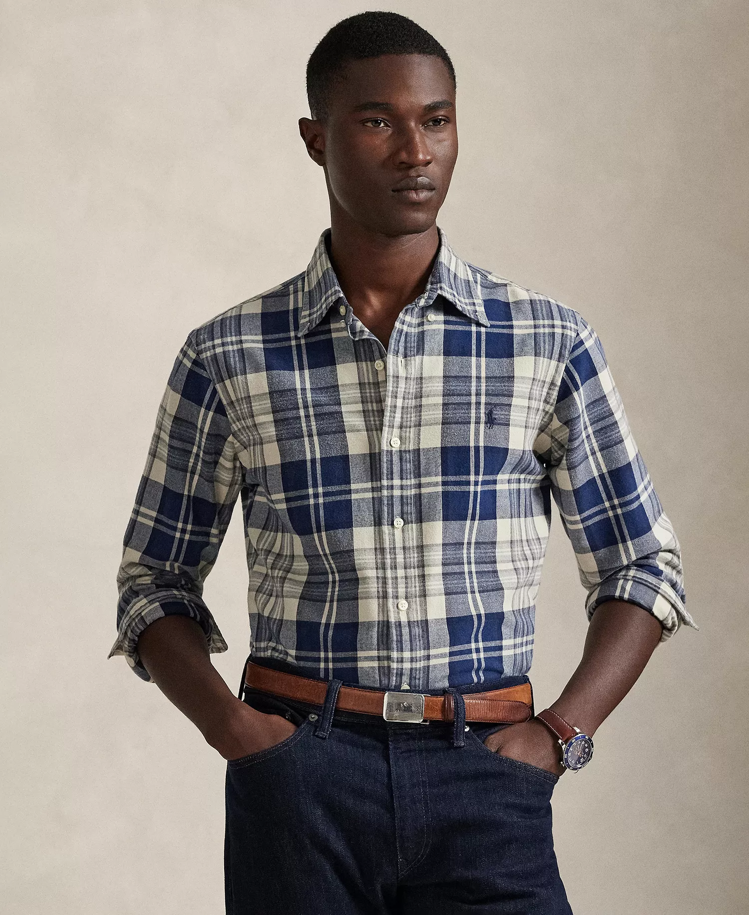 Men's Long-Sleeve Oxford Shirt - 7049 Off White Navy Multi - 2XL