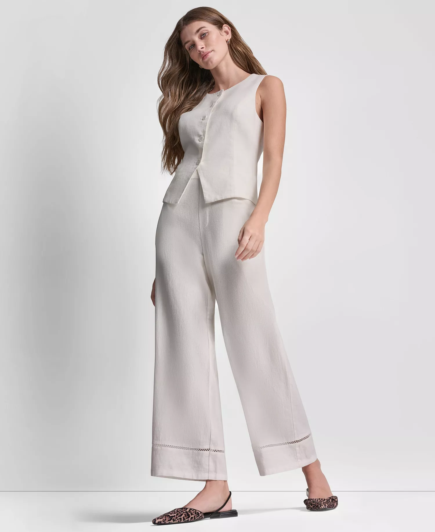 Women's Linen-Blend Crewneck Button-Front Vest - Ivory - L