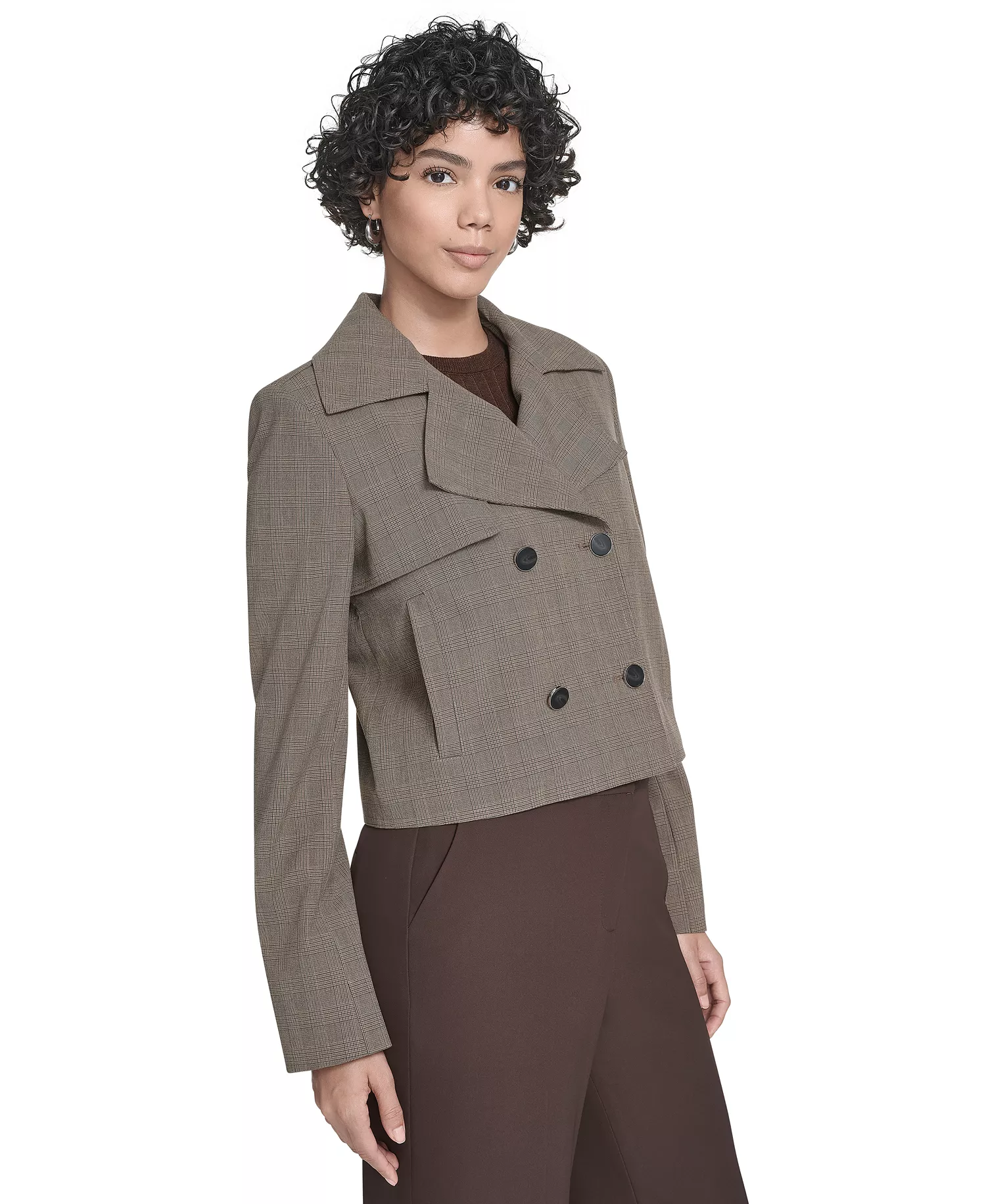 Women's Notch Lapel Collar Cropped Trench Jacket - Oak Leaf Multi - 10