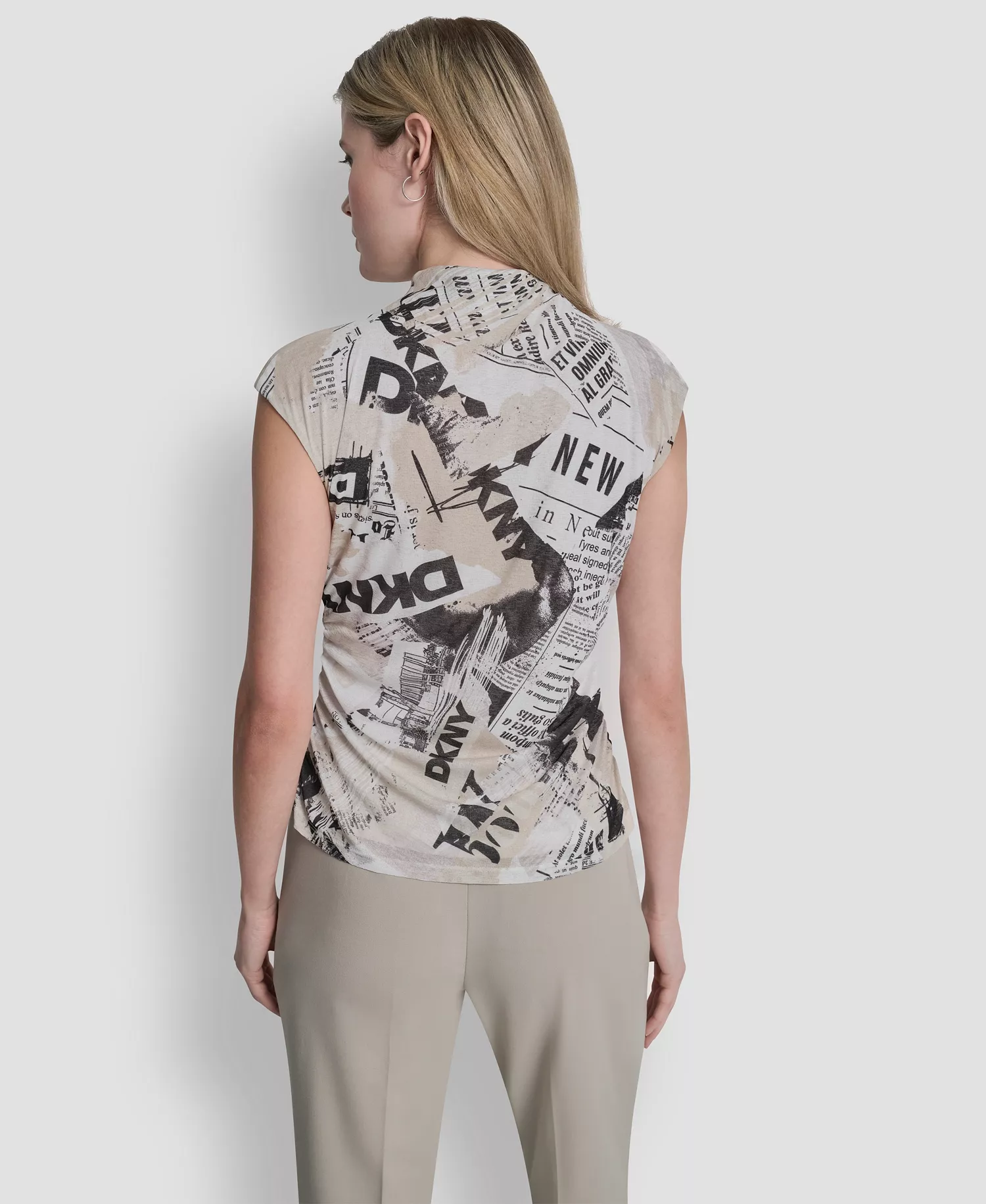 Women's Newspaper-Print Mock Neck Knit Mesh Top - Ivory/Black Multi - L