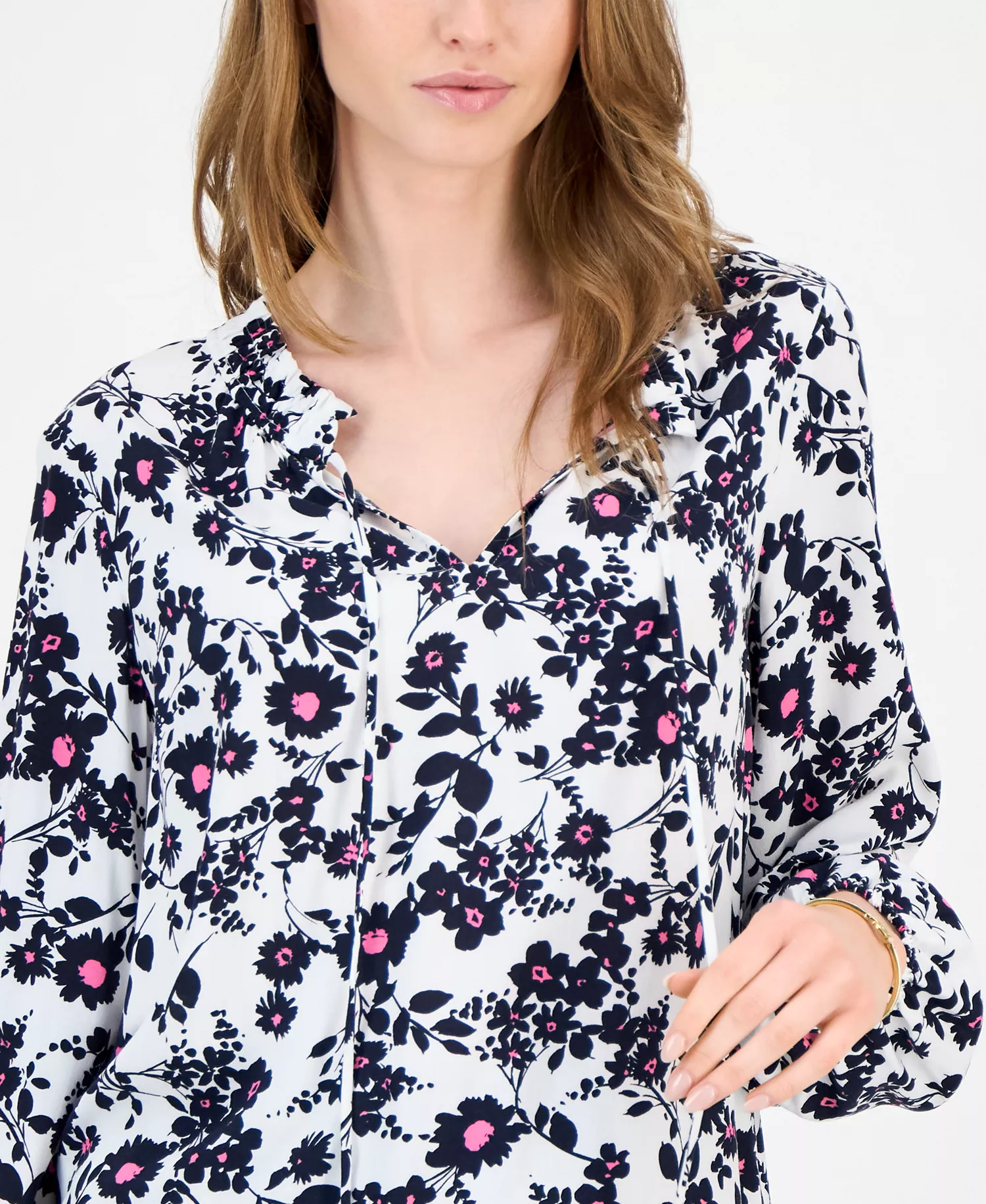 Women's Floral Tie-Neck Long-Sleeve Top - Ivory Multi - XXL