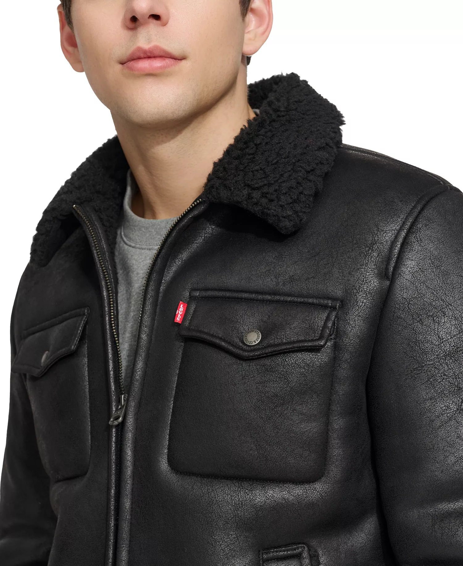 Men's Faux-Shearling Full-Zip Trucker Jacket - Black - L