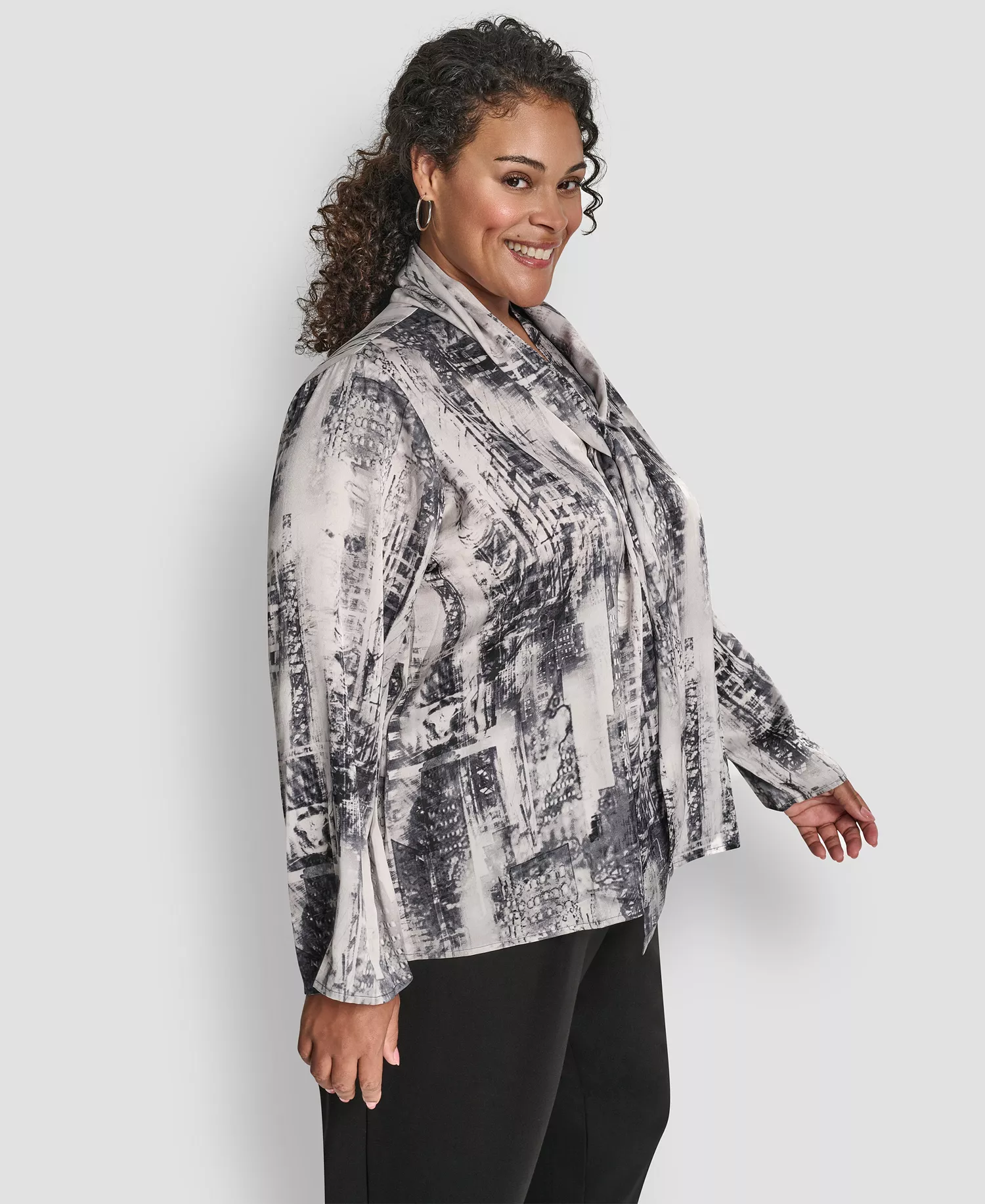Plus Size V-Neck Long Sleeve Top - Graphite/Stone Gray Multi - 1X