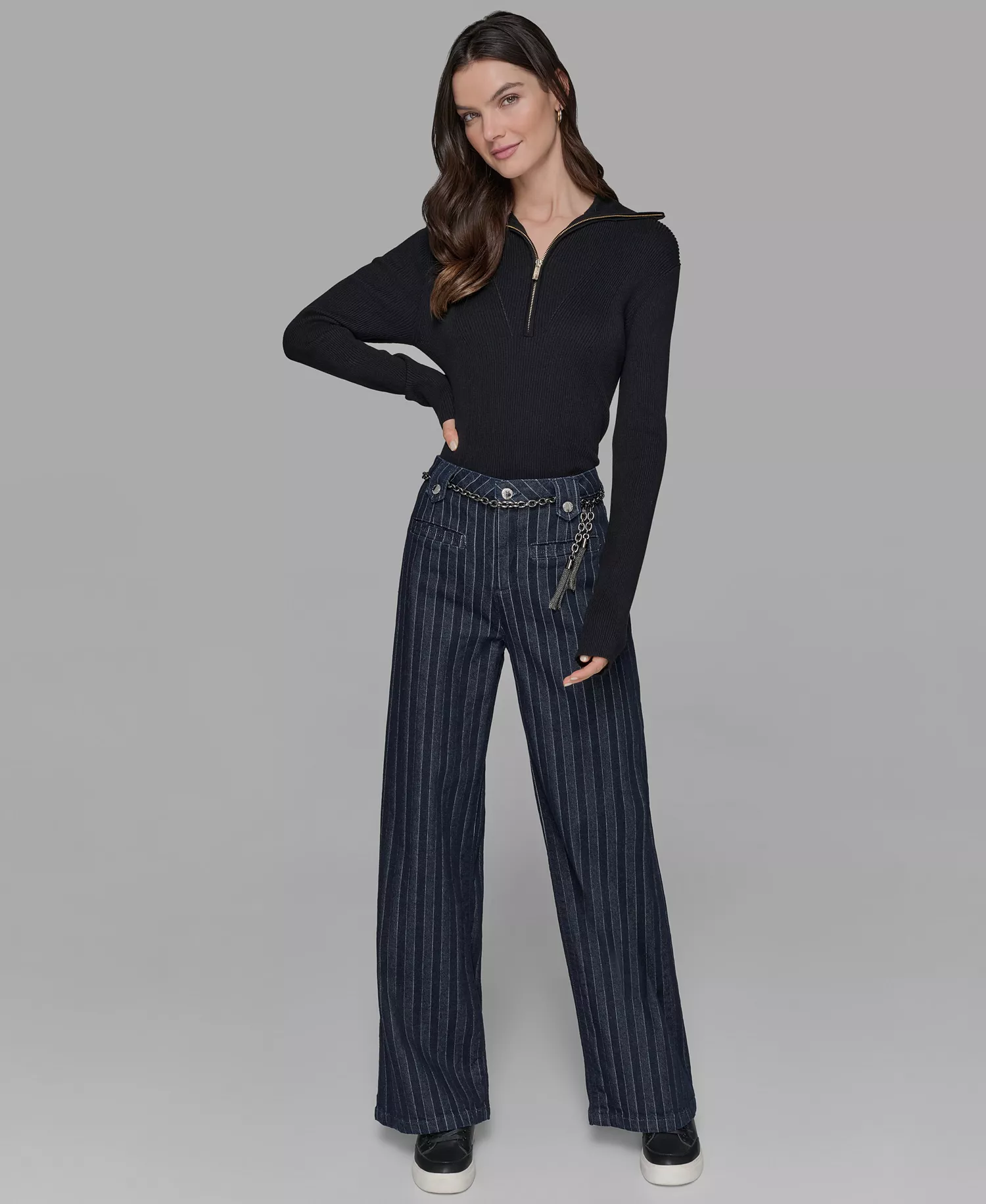 Women's Striped Denim Belted Wide-Leg Pants - Deep Blue - 10