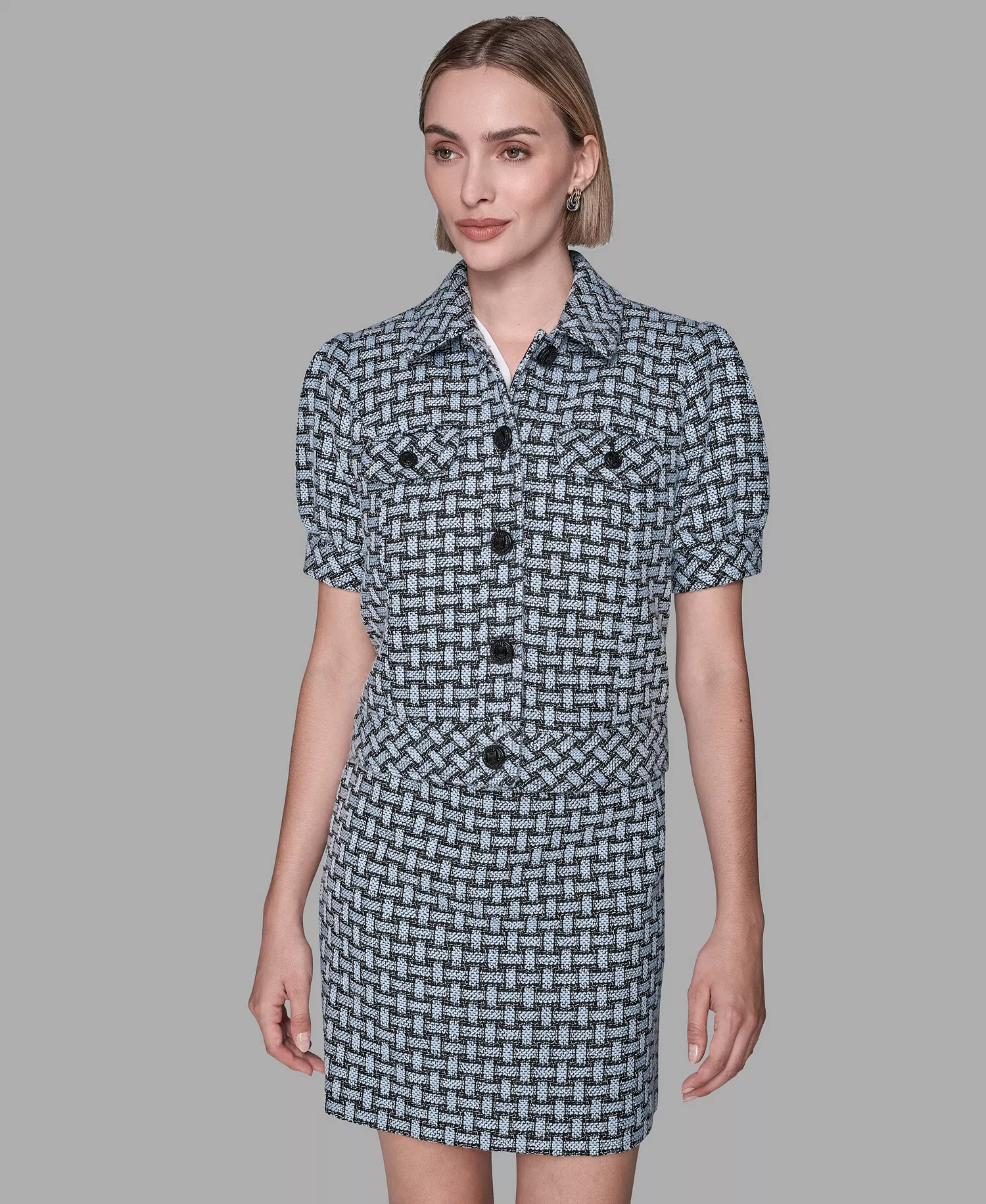 Women's Five-Button Weave Print Cropped Jacket - Blue Aura/black - 10