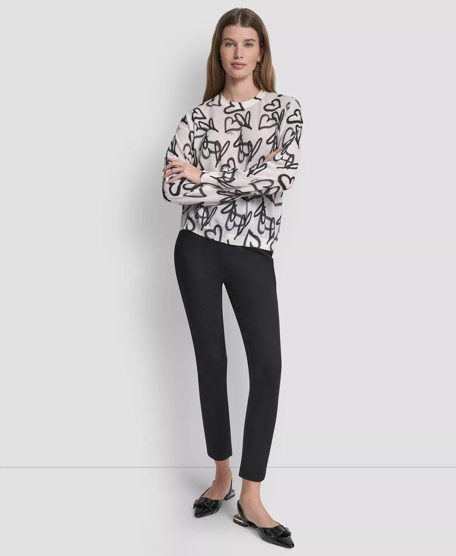 Women's Long-Sleeve Printed Crew Neck Sweater - Ivory/Black - L