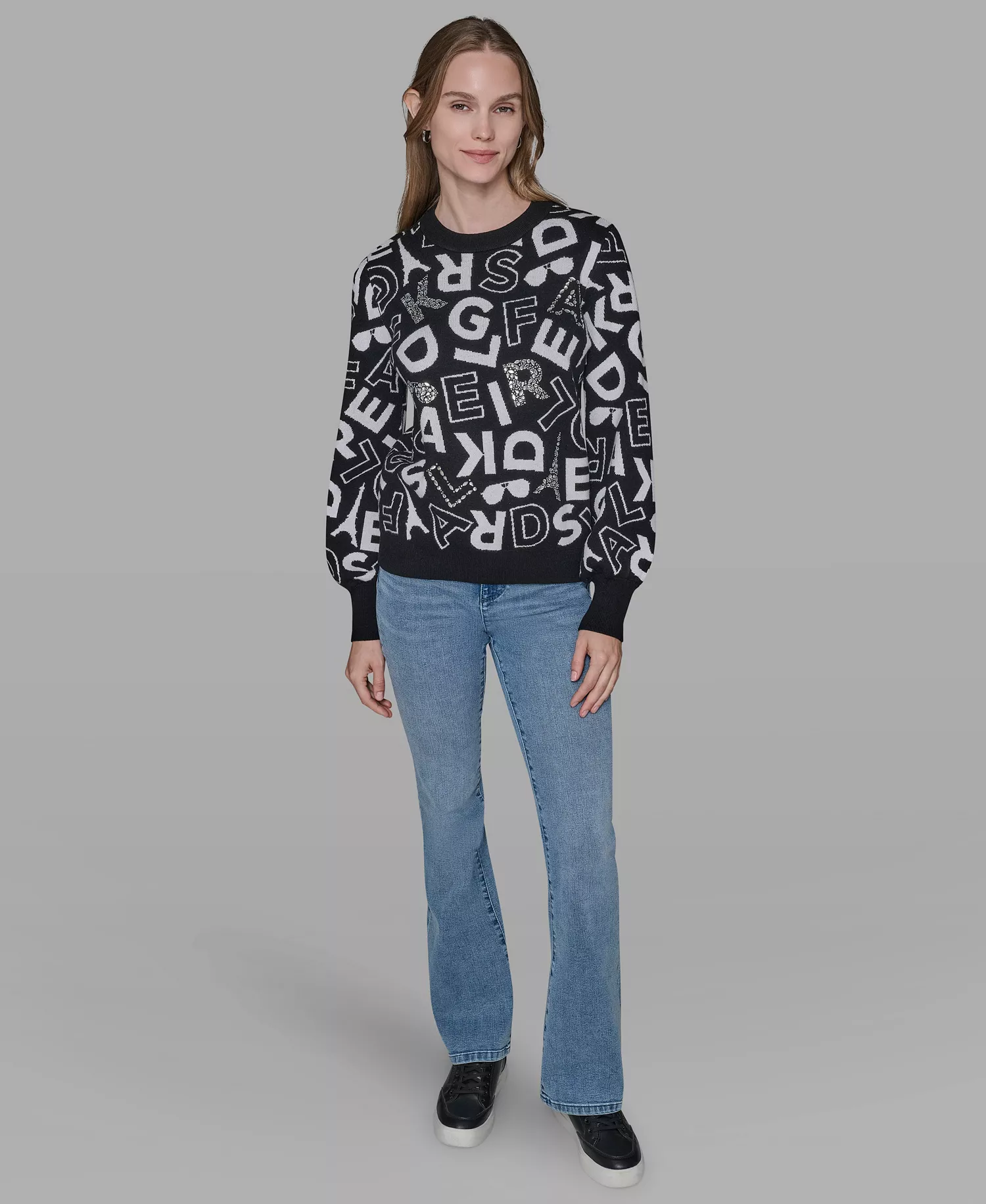 Women's Printed Long Sleeve Sweater - Black/soft White - M