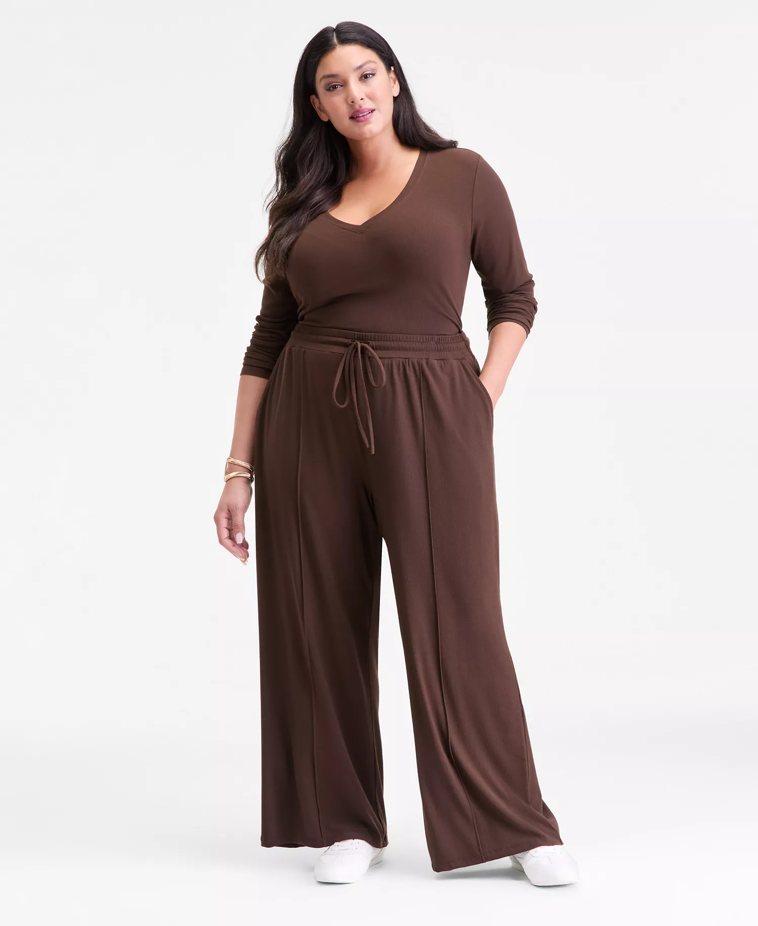 Plus Size Ribbed Wide-Leg Drawstring Pants, Macy's Exclusive - Coco Oak - 1X