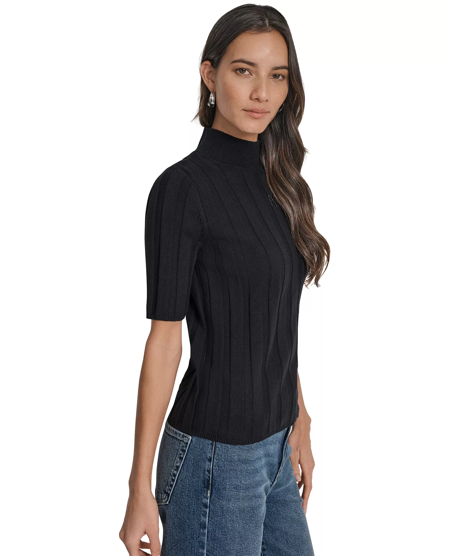 Women's Mock Neck Cotton Rib Knit Sweater - Black - XL