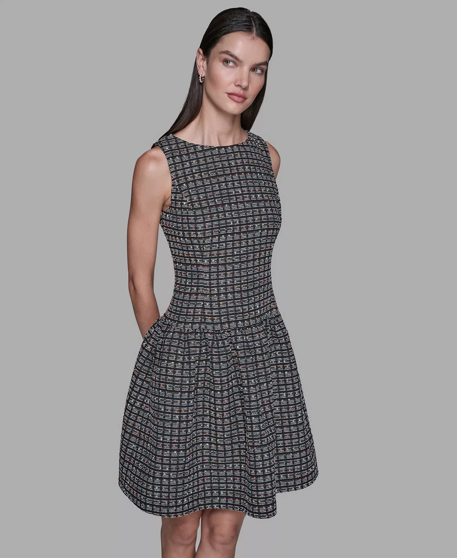 Women's Mini Grid Nubby Tweed Sheath Dress - Black/Soft White Multi - 10