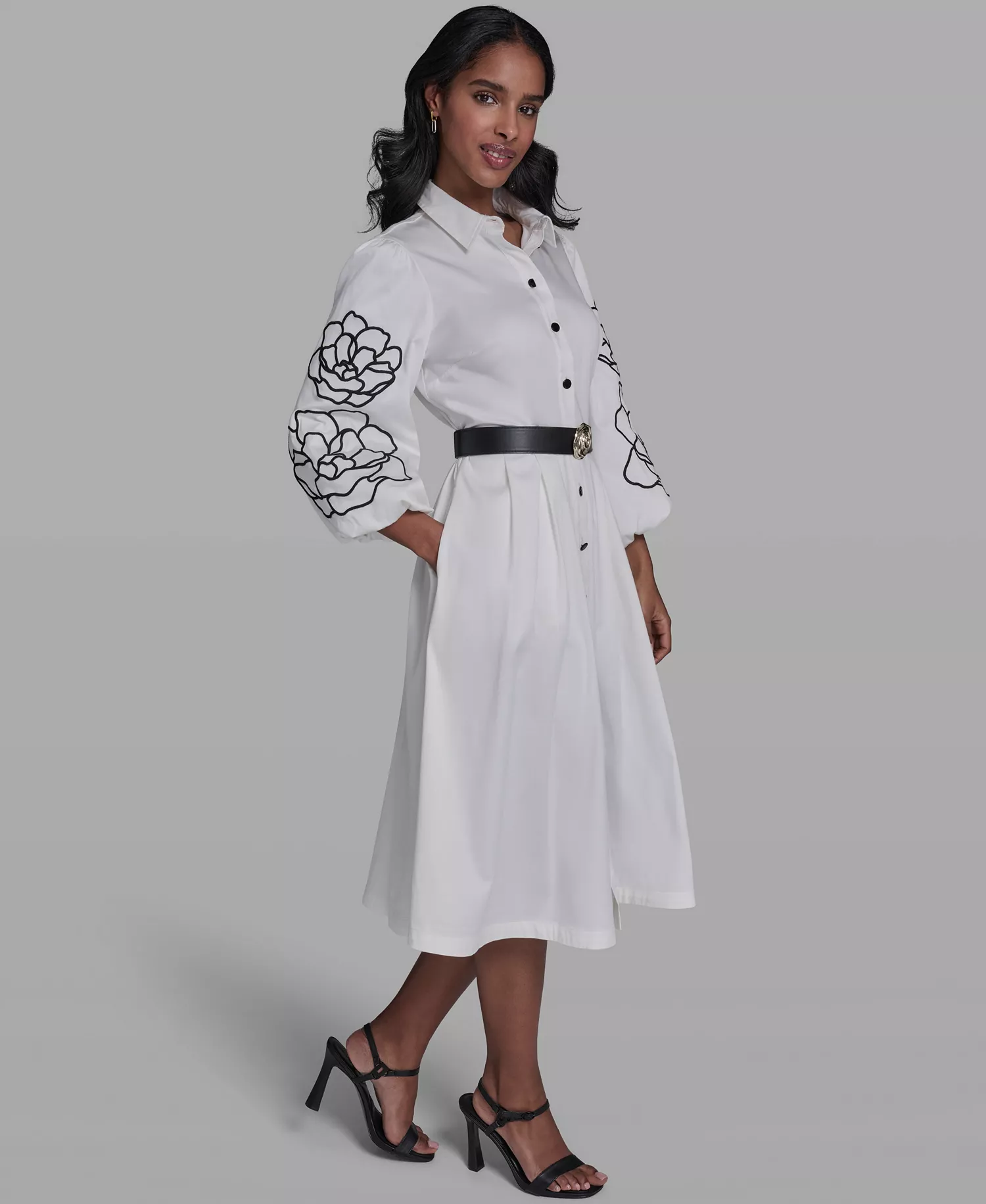 Women's Collared Button-Up Floral Embroidered-Sleeve Belted Dress - Soft White - 0