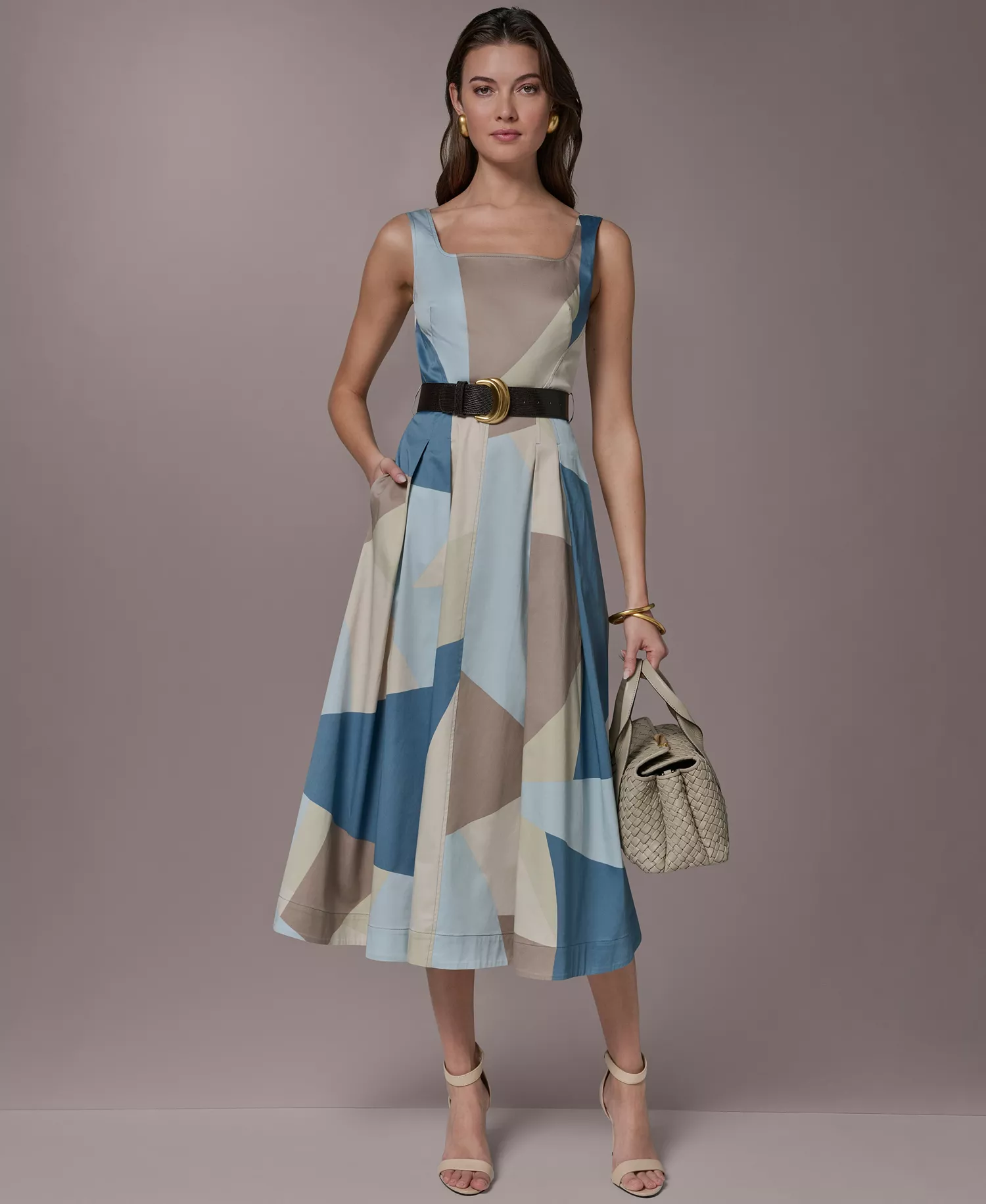 Women's Square Neck Geometric A-Line Maxi Dress - Washed Indigo/Sea Mist Multi - 10