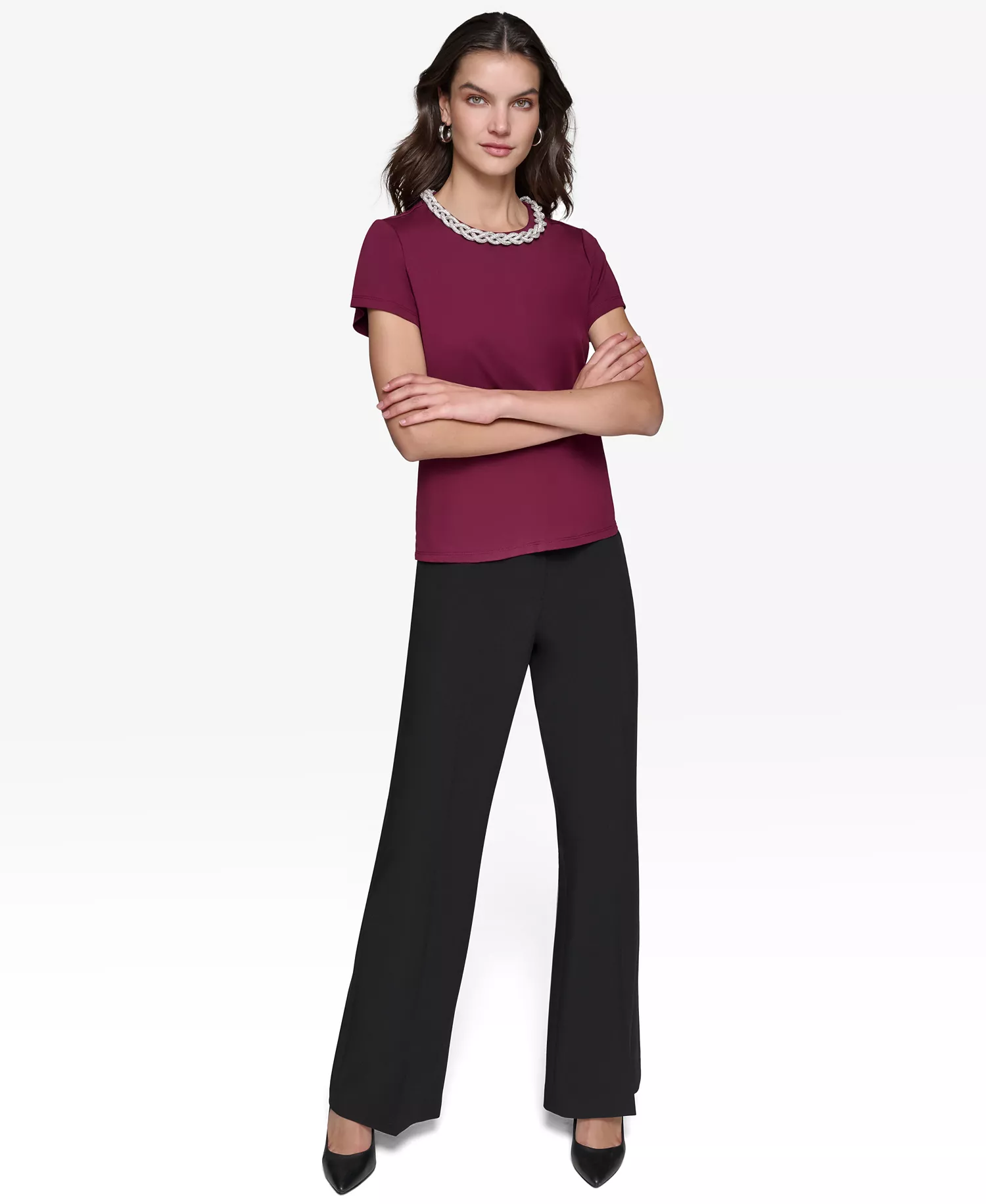Women's Embellished Scoop-Neck Top - Barolo Wine - XS