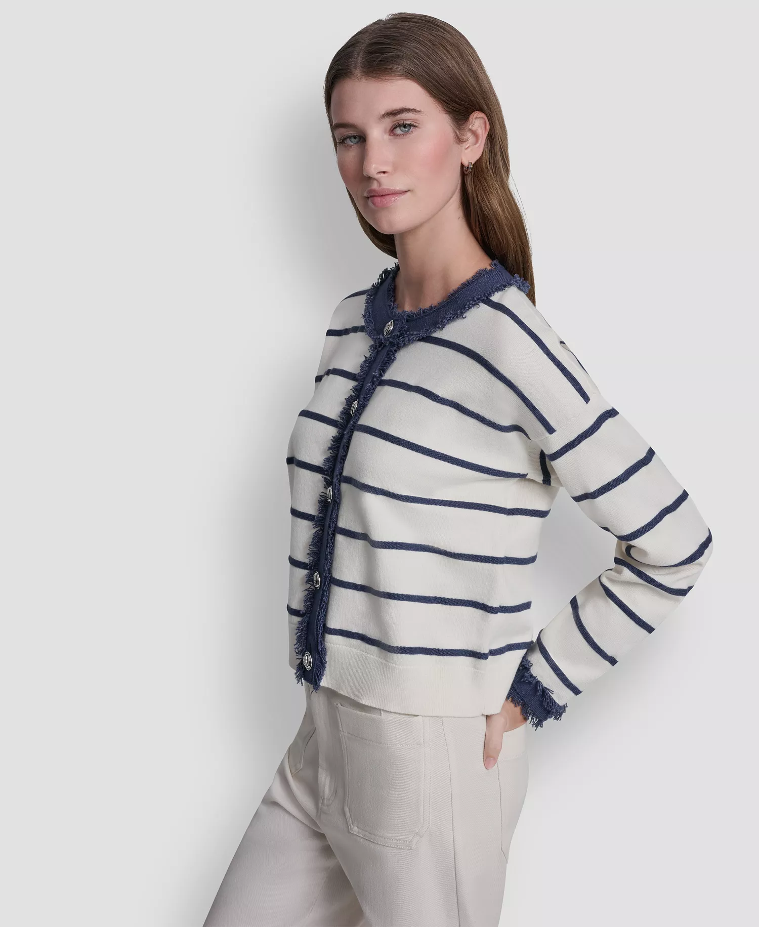 Petite Denim Fringe Crewneck Striped Cardigan - Eggnog/indigo - PL