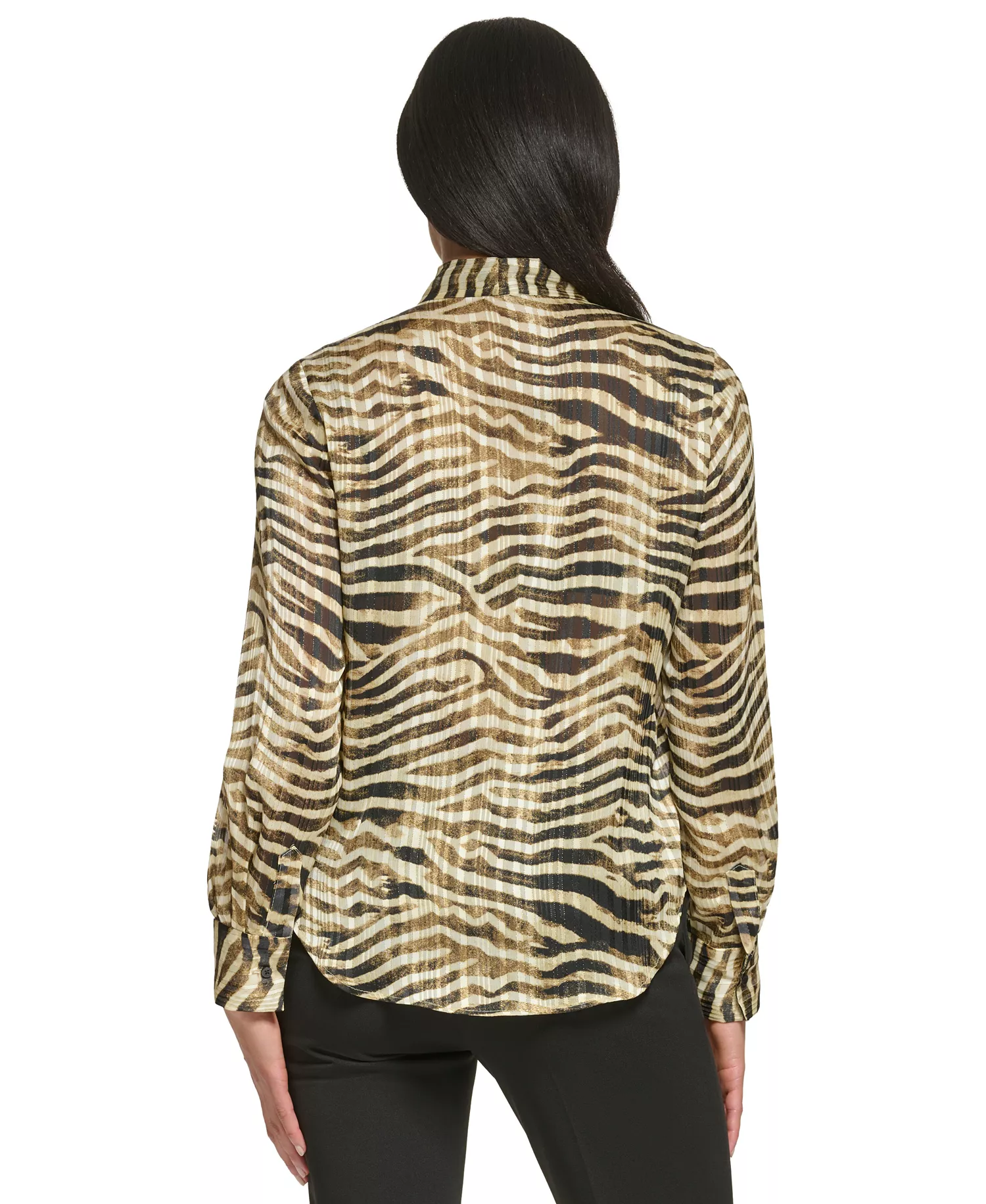 Petite Long-Sleeve Button Front Tie-Neck Top - Cashew Multi - P/M