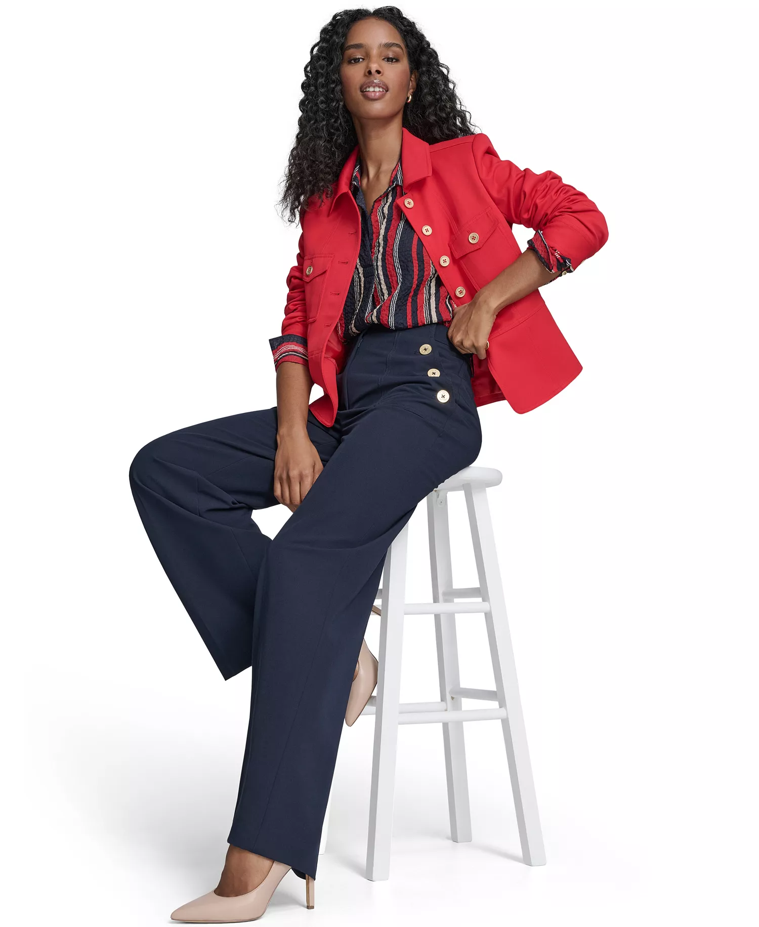 Women's Military Style Button Front Twill Jacket, Sailor Pants and Striped Popover Blouse - Scarlet - 0