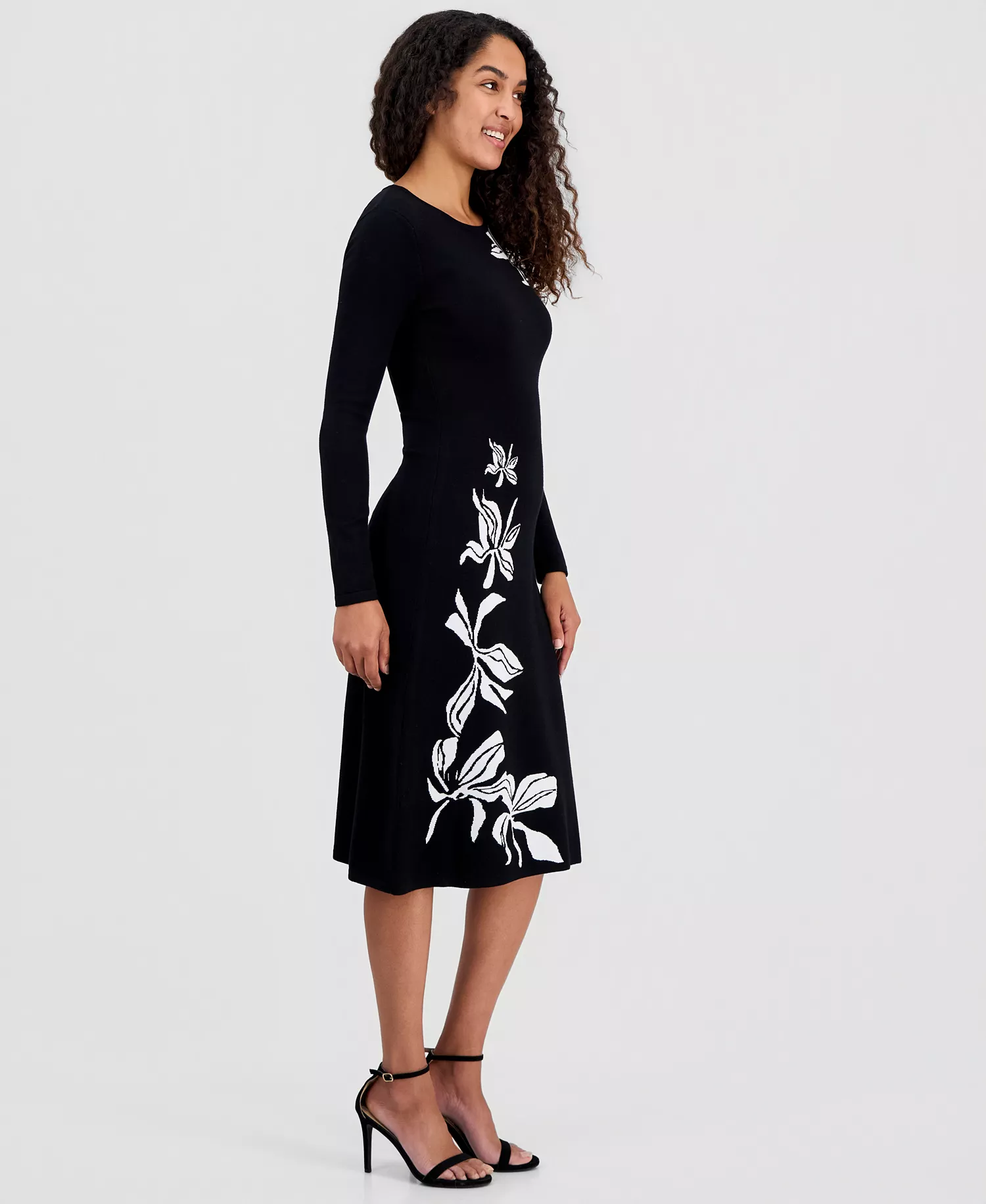 Women's Jacquard Florals Fit & Flare Sweaterdress - Black / White - L