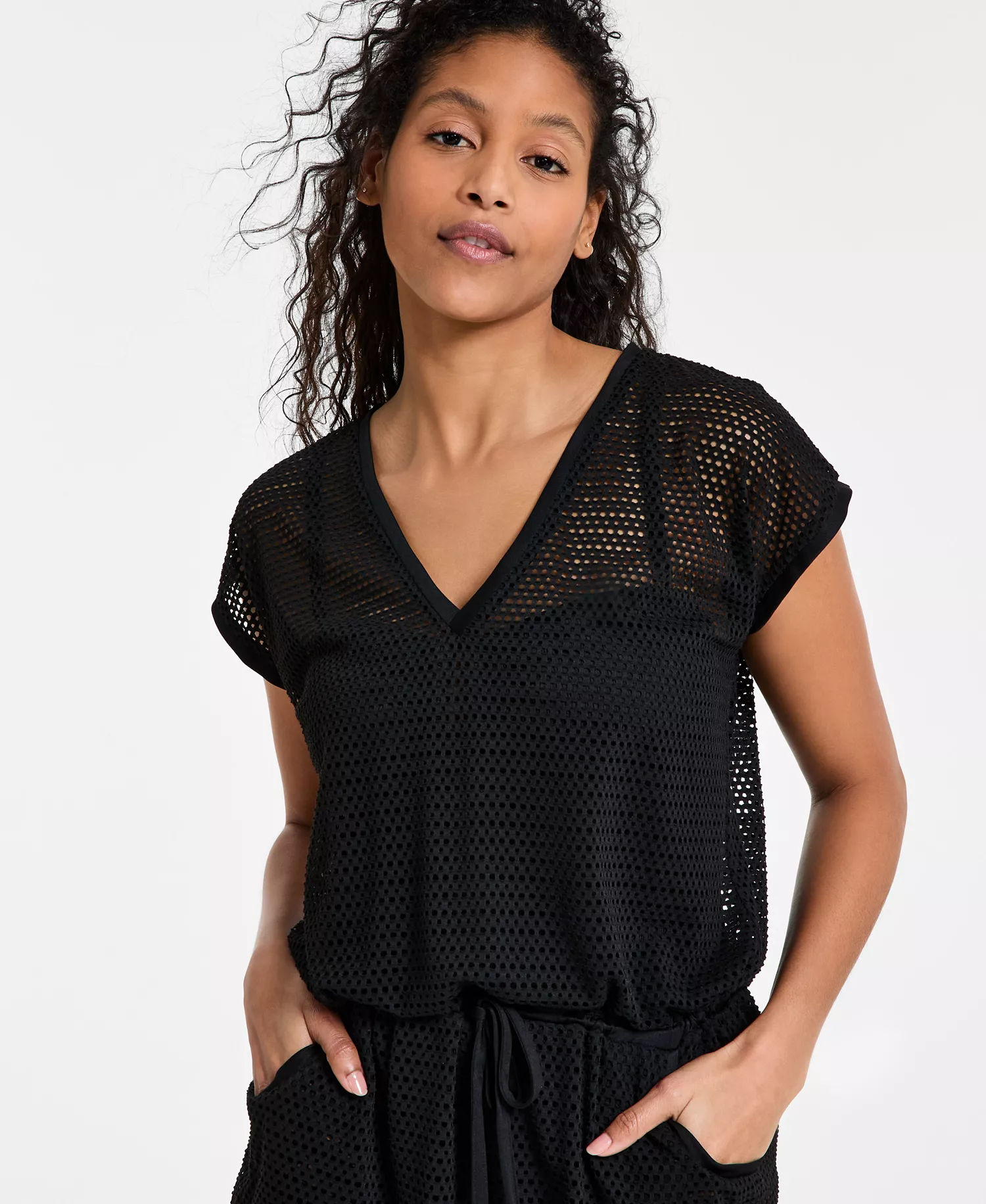 Women's Mesh Drawstring Tunic Swim Cover-Up - Black - L